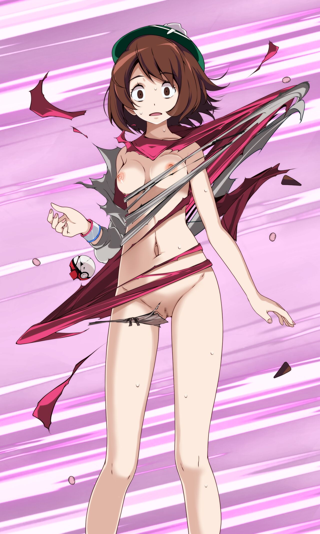 brown_eyes brown_hair censored dropping_object dynamax_band exploding_clothes gloria_(pokemon) hat looking_at_viewer medium_breasts mosaic_censoring motion_lines nail_polish navel nipples nude panties_removed pink_background poke_ball pokemon pussy scared short_hair sweat sweating_profusely torn_bra torn_clothes torn_dress torn_jacket torn_panties tsukishiro_saika