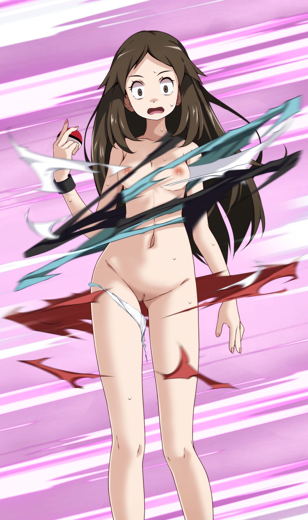 ass_visible_through_thighs brown_eyes brown_hair censored exploding_clothes holding_object holding_poke_ball leaf_(pokemon) long_hair looking_at_viewer medium_breasts mosaic_censoring motion_lines nail_polish navel nipples nude panties_around_one_leg pink_background poke_ball pokemon pussy scared sweat torn_bra torn_clothes torn_panties torn_shirt torn_skirt tsukishiro_saika wrist_cuffs