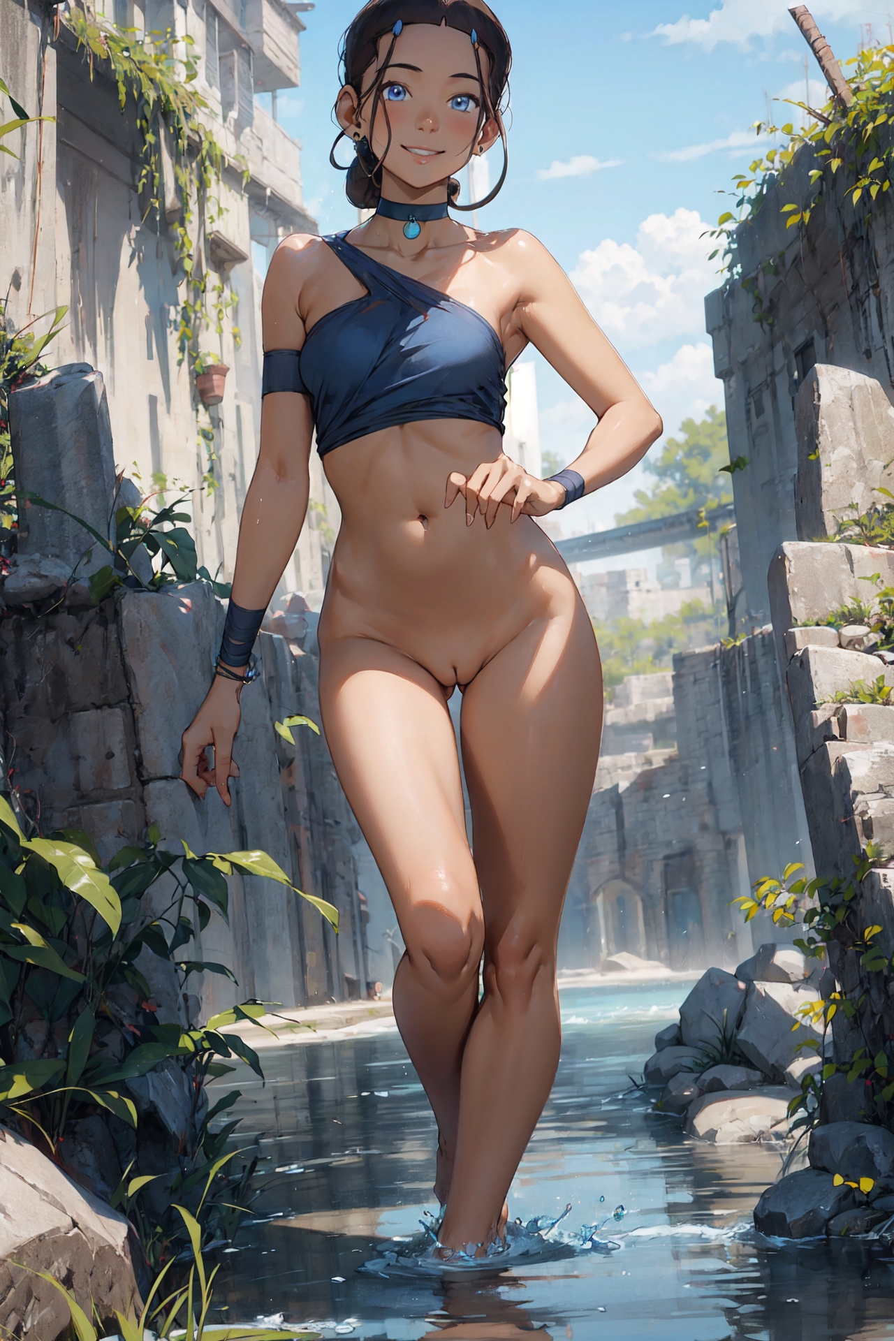 1girls, ai generated, avatar legends, avatar the last airbender, breasts, choker, female, katara, small breasts, standing, water tribe