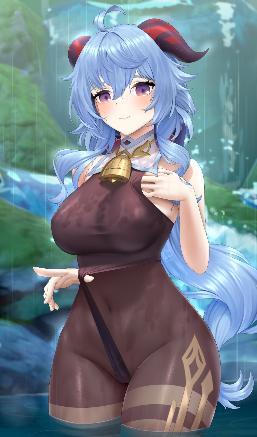 1girls, blue hair, bodystocking, breasts, female, fouriasensei, ganyu (genshin impact), genshin impact, hips, horns, large breasts, leotard, long hair, purple eyes, rain, slim waist, thick thighs, thighs, wide hips