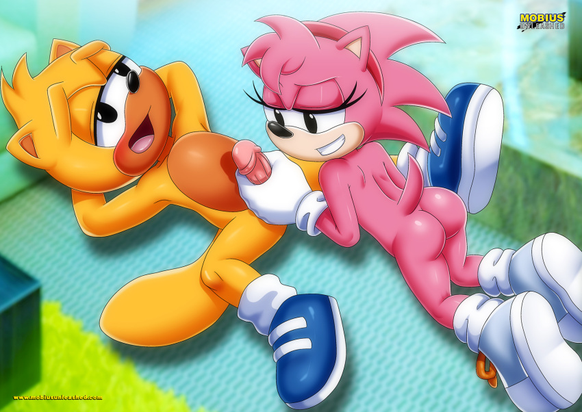 1boy1girl amy_rose bbmbbf classic_amy_rose erect_penis erection handjob kneeling looking_pleasured lying lying_on_back male mobius_unleashed on_floor palcomix ray_the_flying_squirrel sonic_(series) sonic_the_hedgehog_(series) spread_legs