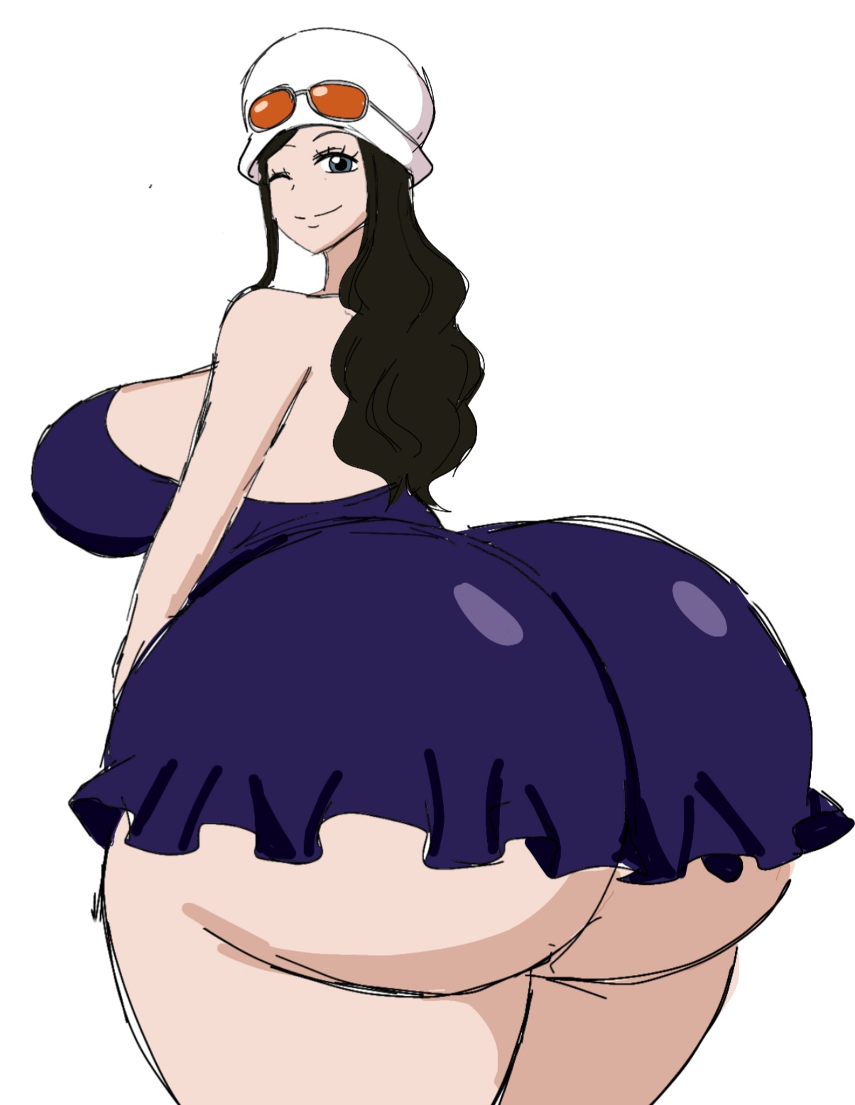1girls, ass, back view, big ass, big butt, bubble ass, bubble butt, dress, dressrosa, fat ass, fat butt, female, female only, hat, huge ass, huge butt, momiji (artist), mostly clothed, nico robin, one piece, post-timeskip, short dress, sunglasses, thick ass, thick butt, thick thighs, white background