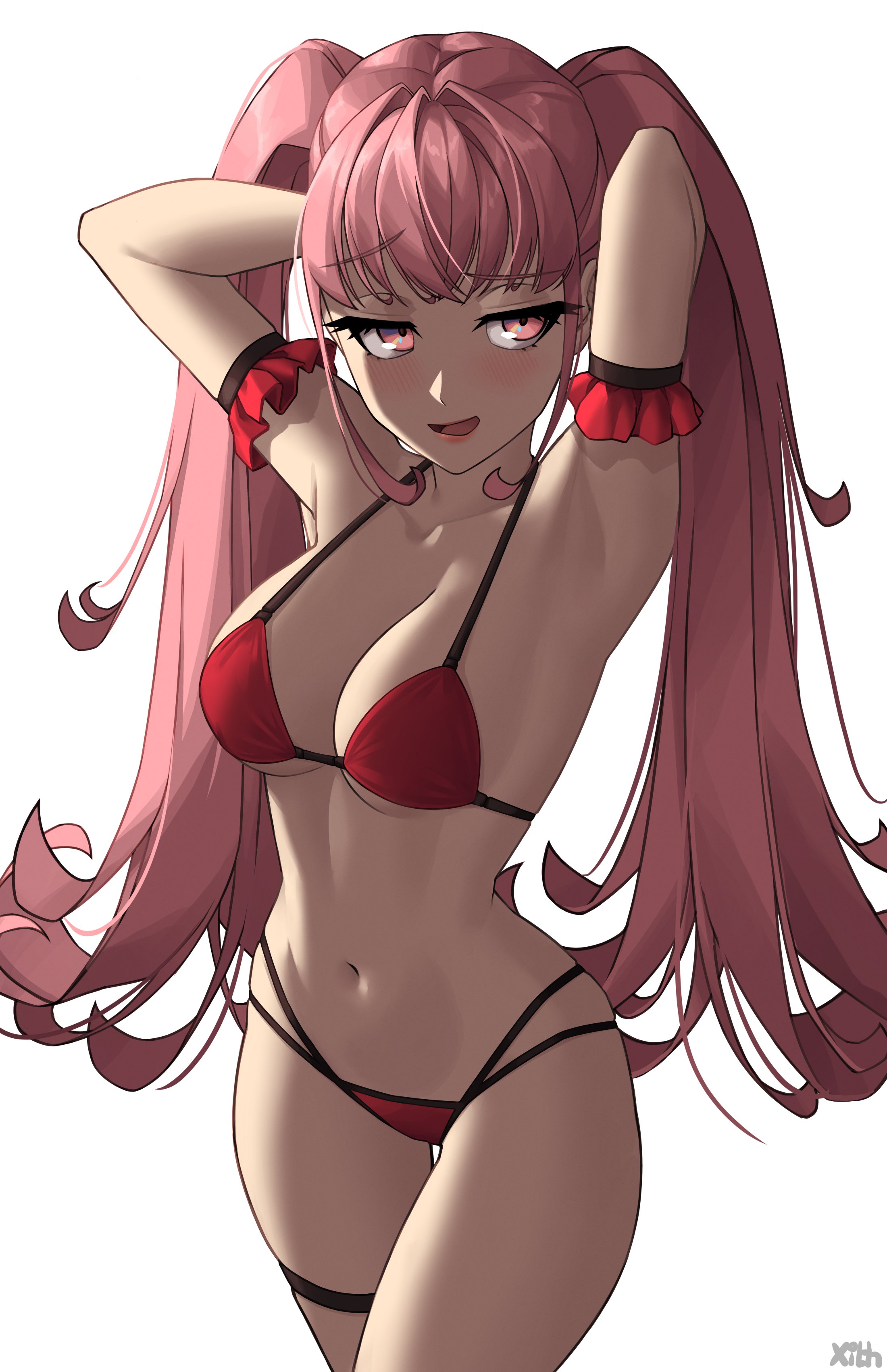 1girls, absurdres, alternate costume, armpits, arms behind head, artist name, bikini, blush, breasts, cleavage, commentary, english commentary, female, female only, fire emblem, fire emblem: three houses, highres, hilda valentine goneril, large breasts, lips, long hair, looking at viewer, navel, nintendo, open mouth, pink eyes, pink hair, pink lips, red bikini, red swimsuit, simple background, smile, solo, stomach, swimsuit, twintails, very long hair, white background, x xith x