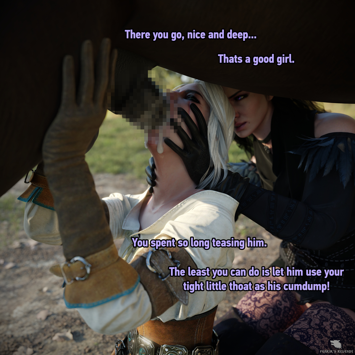 3d, black gloves, brown gloves, censored, ciri, female, fenrir'srevenge, gloves, horsecock, leather gloves, male, penis, skirt, tagme, the witcher (series), yennefer, zoophilia