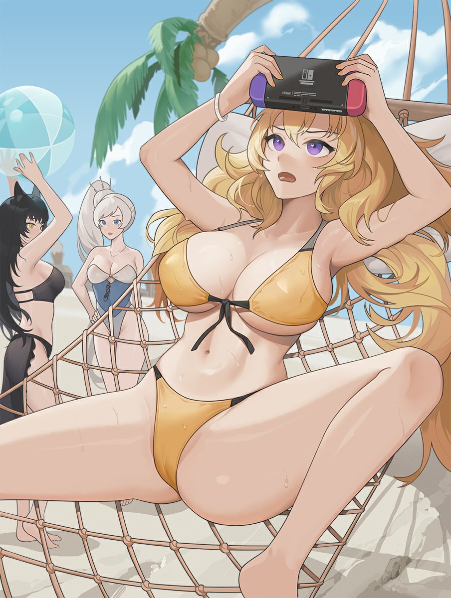 3girls beach bikini bikini_bottom bikini_top black_bikini black_hair blake_belladonna blonde_hair bw-ring cleavage clothing electronics female female_only game_console handheld_game_console human nintendo_switch pale_skin public revealing_clothes rwby swimwear weiss_schnee white_hair yang_xiao_long yellow_bikini