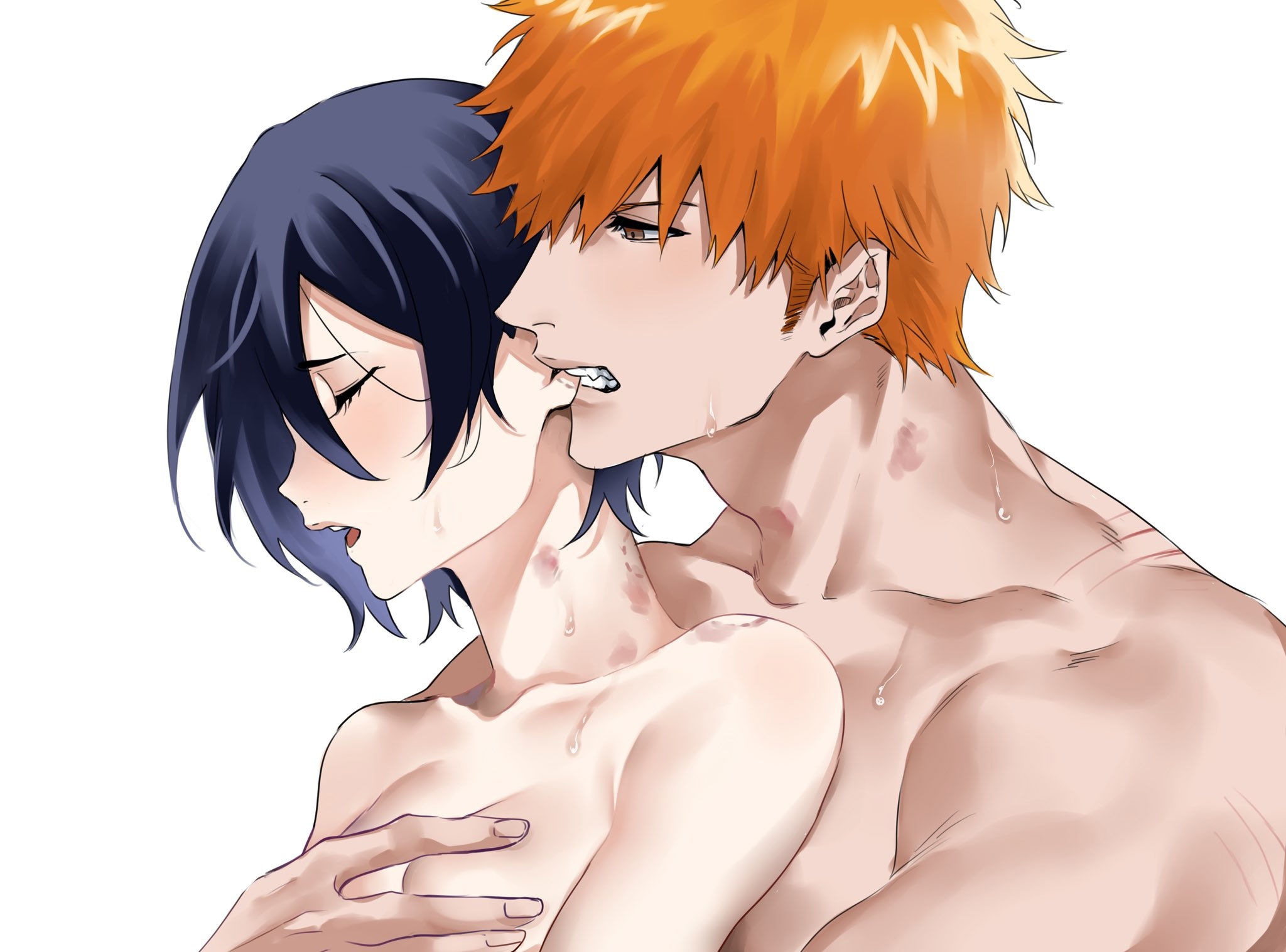 1boy, 1girls, bleach, breasts, female, hand on breast, ichigo kurosaki, kuchiki rukia, male, nude, nude female