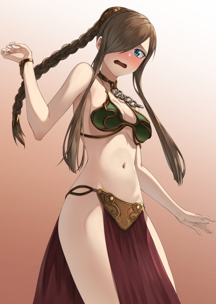 1girls aqua_eyes belly_dancer belly_dancer_outfit braided_hair brown_hair crossover_cosplay embarrassed female female_only femsub hair_over_one_eye harem_girl harem_outfit large_breasts loincloth long_hair rourou_ill slave slave_bikini slave_leia_(cosplay) slave_outfit slavegirl solo star_wars submissive_female tales_of_(series) tales_of_the_abyss tear_grants