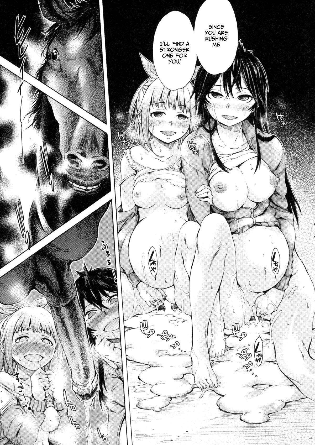 1boy, 2girls, animal penis, balls, barefoot, big breasts, blush, breasts, comic, cum, cum drip, cum in pussy, cum on floor, cumflation, english, english text, equid, equine, equine penis, feet, female, h9, horse, horsecock, imminent zoophilia, japanese text, large breasts, looking at penis, male, manga, medium breasts, mind break, navel, nipples, penis, penis awe, pussy, sweat, teeth, toes, vaginal masturbation, veiny balls, veiny penis, zoophilia