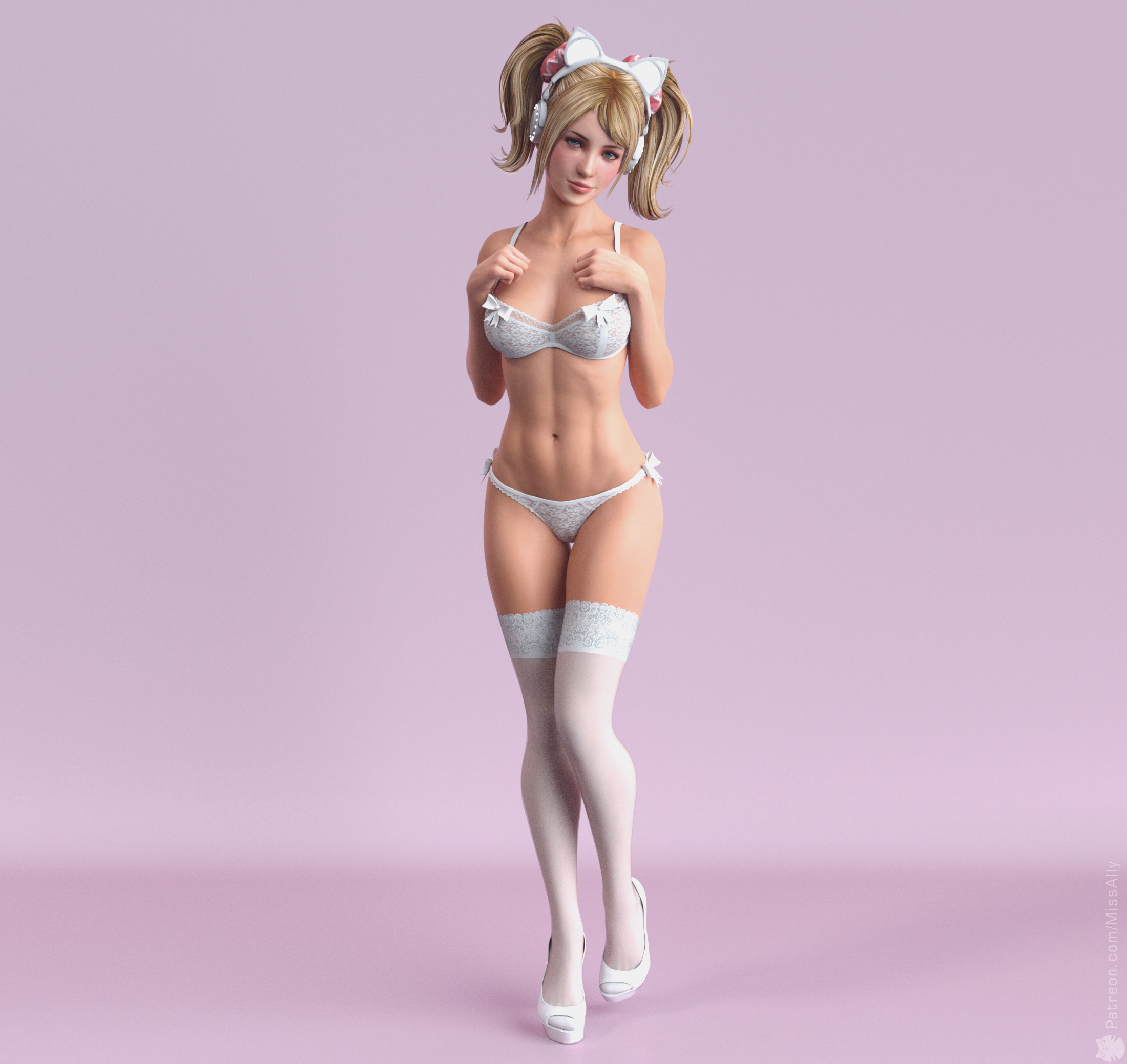 1girls, 3d, abs, blonde hair, blue eyes, bra, female, female only, juliet starling, lollipop chainsaw, missally, panties, simple background, solo, solo female, teenager, twintails, white bra, white lingerie, white panties