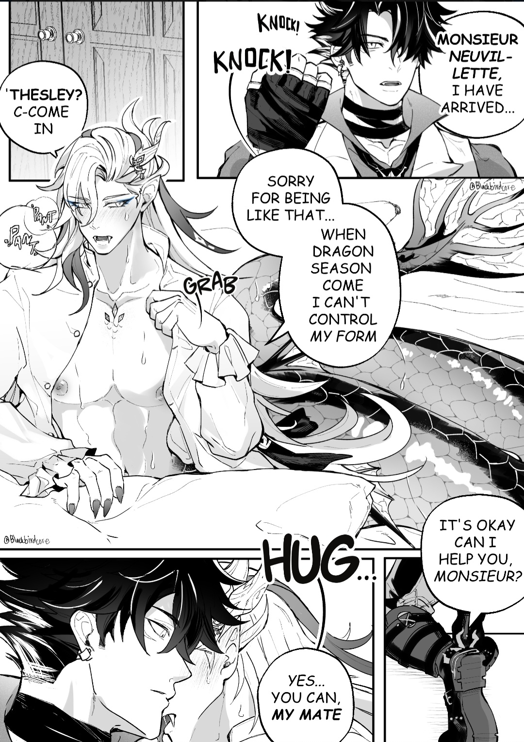2boys, abs, blackbirdcore, blush, cuntboy, dragon, genshin impact, intersex, male, male only, muscles, naga, neuvillette (genshin impact), partially clothed, text, text bubble, wriothesley (genshin impact), yaoi