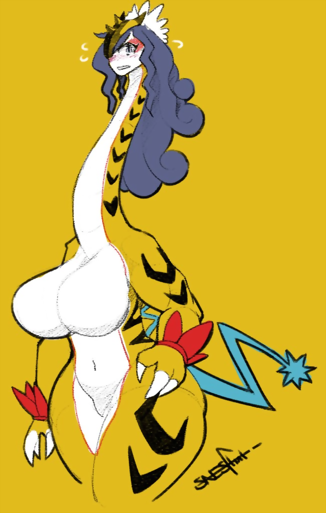 anthro big_breasts blush breasts featureless_breasts featureless_crotch female long_neck nintendo paradox_pokemon pokémon_(species) pokemon raging_bolt snesflint thick_thighs video_games wide_hips