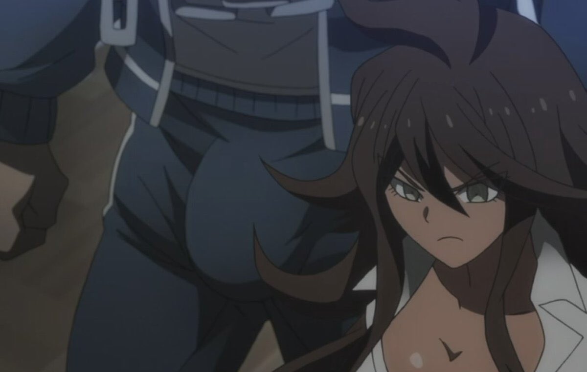 brown_hair bulge danganronpa danganronpa_3 dark-skinned_female dark_skin green_eyes huge_bulge huge_cock nidai_nekomaru owari_akane pants penis screencap straight_hair