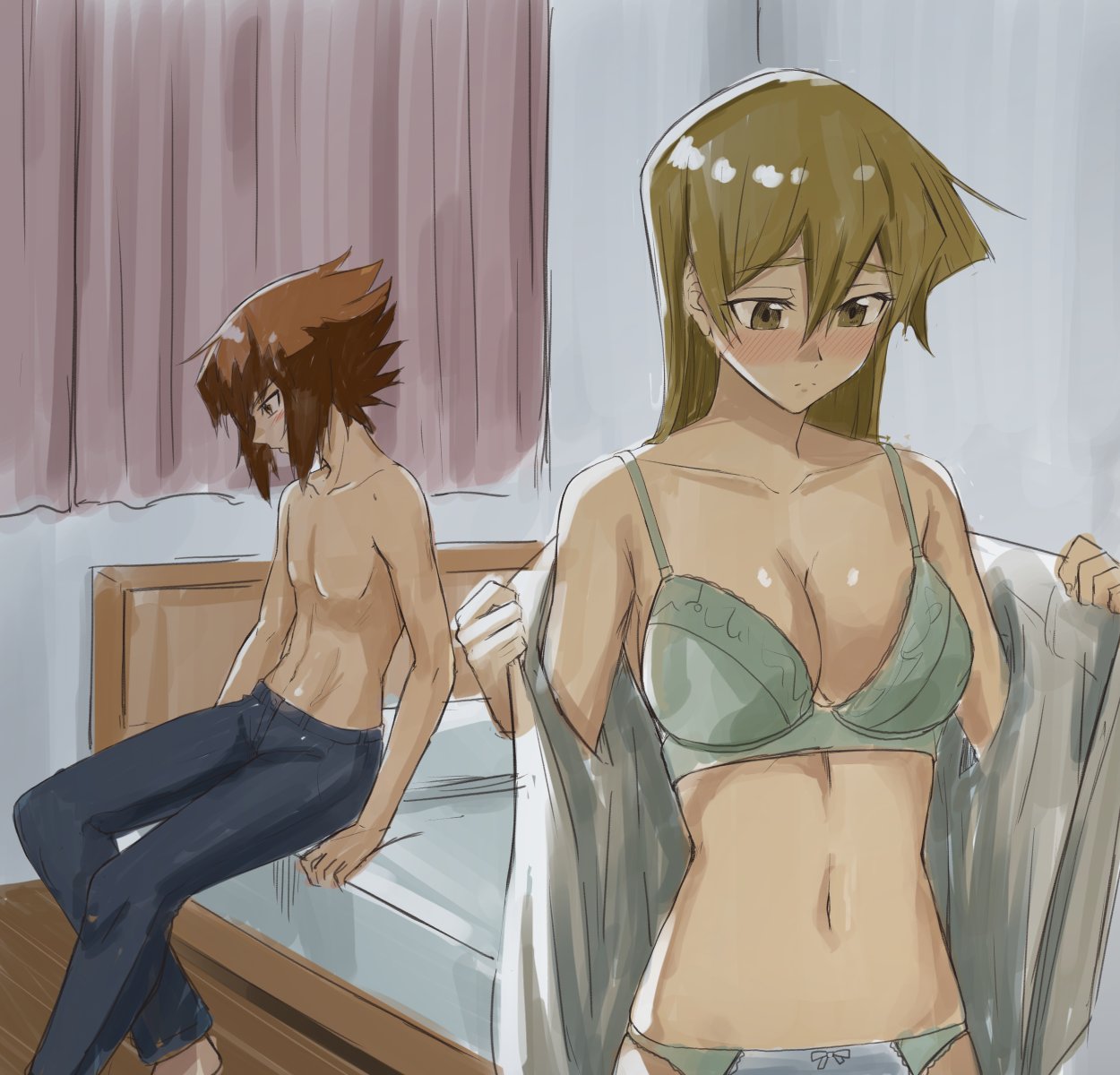 1boy 1boy1girl 1girls alexis_rhodes amber_eyes blonde_hair brown_hair cleavage imminent_sex jaden_yuki large_breasts shirtless_male tenjouin_asuka topless_male undressing yu-gi-oh! yu-gi-oh!_gx