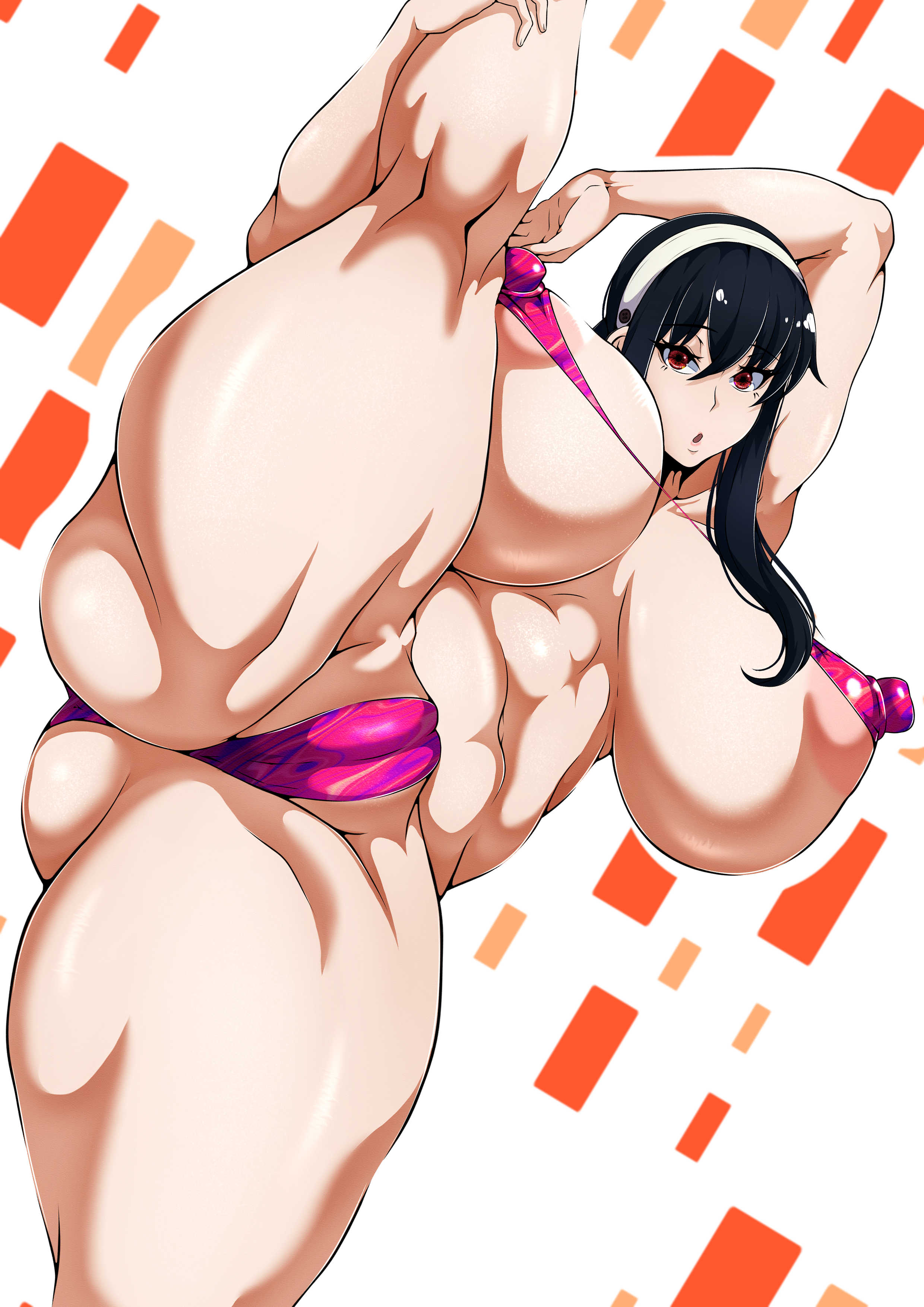 1girls, alternate breast size, armpits, ass, big breasts, black hair, breasts, female, female only, human, micro bikini, mojihe, muscular, nipple suspension bikini, one leg up, pussy, red eyes, small clothes, solo, spy x family, swimsuit, two piece swimsuit, venus body, yor briar, yor forger