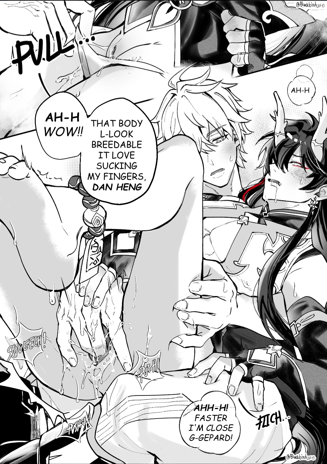 2boys, abs, bedroom eyes, blackbirdcore, blush, cuntboy, dan heng, fingering, gepard (honkai: star rail), honkai (series), honkai: star rail, intersex, male, male only, muscles, yaoi