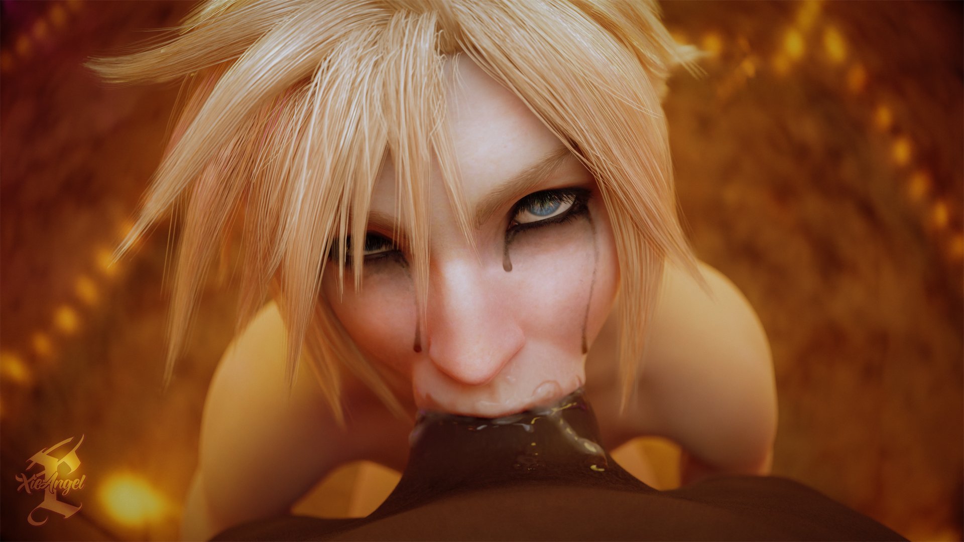 2boys, 3d, 3d (artwork), all the way to the base, balls, balls deep, blue eyes, close-up, cloud strife, cum, cum down throat, cum in mouth, cum in throat, cum inside, dark skin, dark-skinned male, deep penetration, deepthroat, deepthroat holder, deepthroat hug, deepthroat no hands, eye contact, eyeliner, femboy, final fantasy, final fantasy vii, final fantasy vii remake, gag, gagging, gay, interracial, light skin, light-skinned male, makeup, makeup running, male, male focus, male only, male/male, mascara, oral, oral insertion, oral penetration, oral sex, pale skin, pale-skinned male, pov, runny makeup, seductive eyes, seductive mouth, wink, xieangel, yaoi