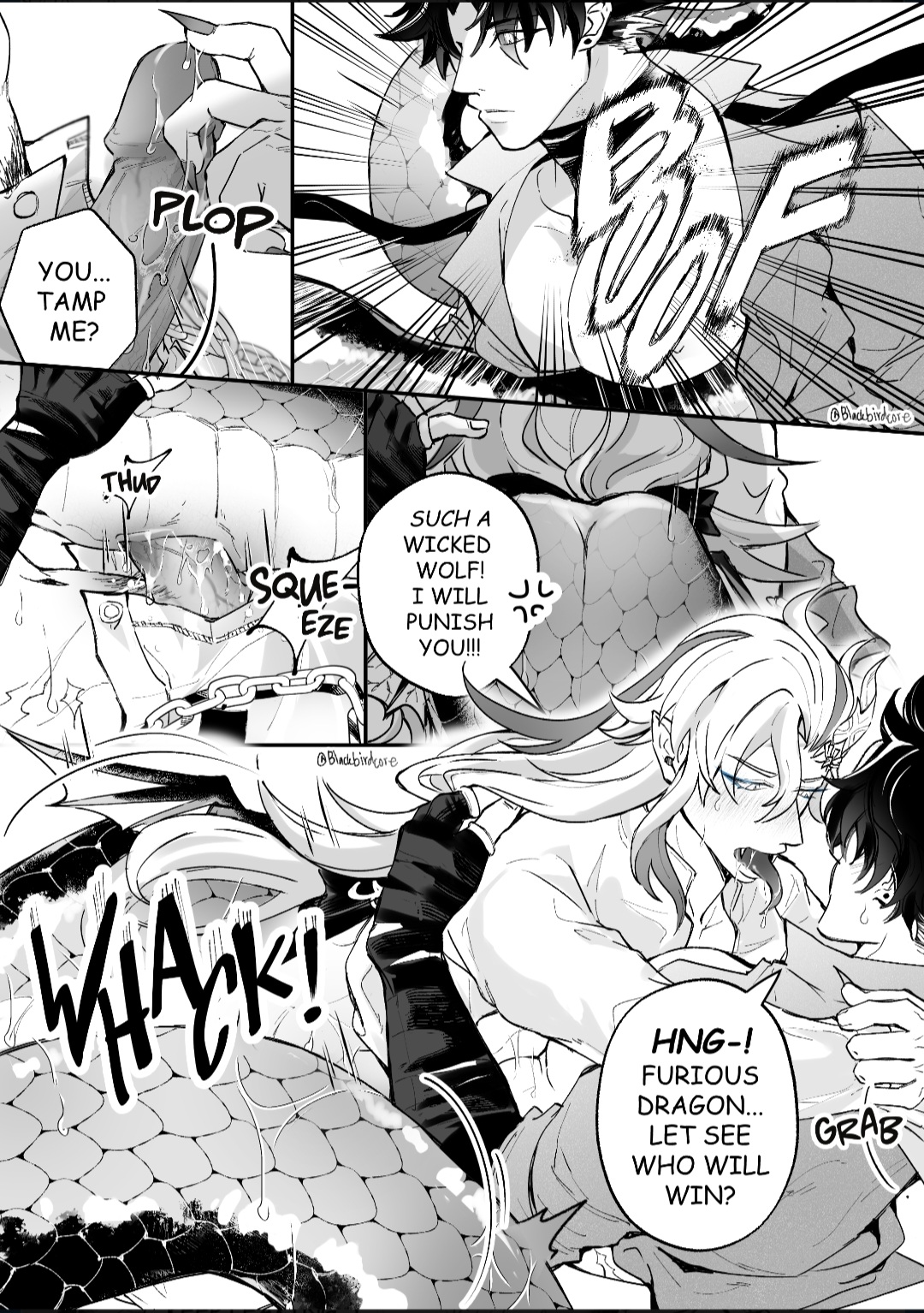 2boys, abs, blackbirdcore, blush, breasts, cuntboy, dragon, fingering, fondling breast, foreplay, gay, genshin impact, intersex, male, male only, muscles, naga, neuvillette (genshin impact), penetration, raw sex, wriothesley (genshin impact), yaoi