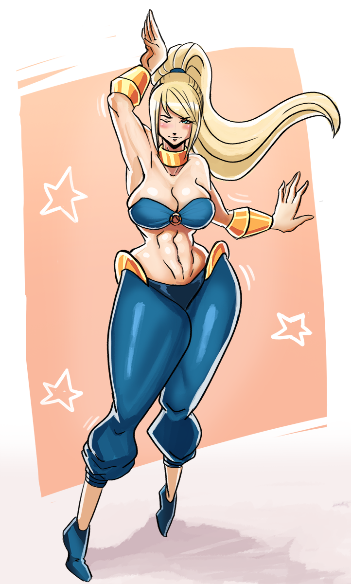 armpits athletic_female belly_dancer belly_dancer_outfit blonde_hair bracelet cleavage ezzyecchi fit_female harem_girl harem_outfit harem_pants large_breasts long_hair metroid nintendo ponytail samus_aran slippers thick_thighs wink