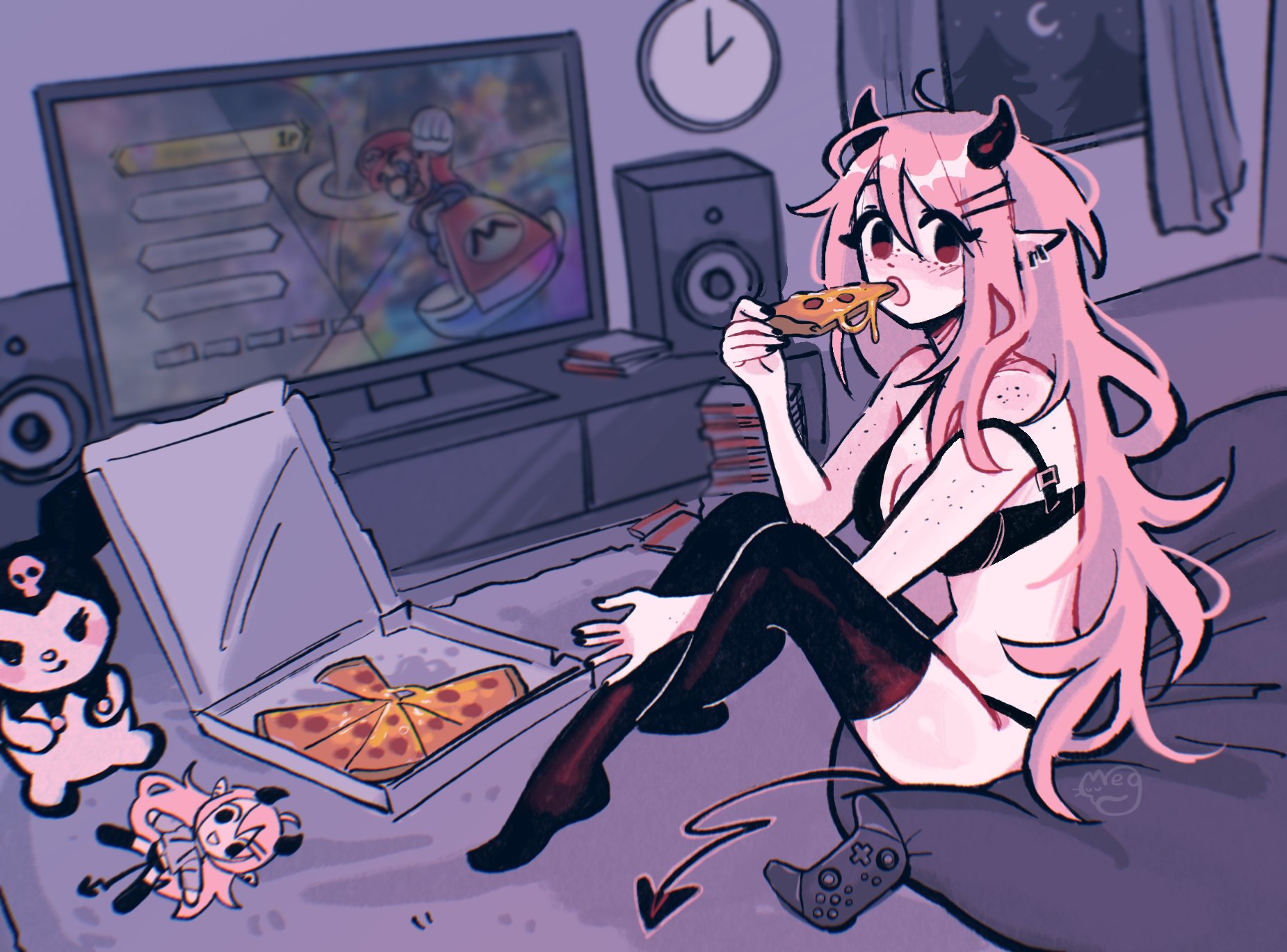 1girls, bean bag, bedroom, demon, demon girl, demon horns, demon humanoid, demon tail, demoness, female, gamer, gamer girl, inside, june (megrocks), leggings, looking at viewer, megrocks, original, original character, pink hair, pizza, red eyes, slim, slim female, slim waist, succubus, succubus horns, succubus tail, thigh highs, thigh socks, thighhighs, thighs, video game controller