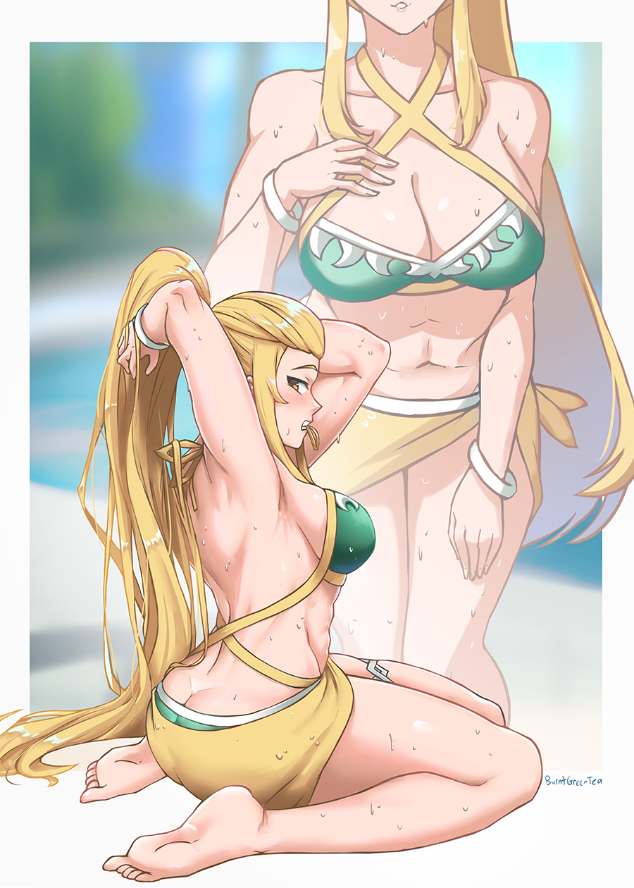 1girls adjusting_hair alternate_costume amber_eyes artist_name ass back big_ass bikini blonde_hair blurry blurry_background border breasts burnt_green_tea butt_crack cleavage collarbone female female_only fire_emblem fire_emblem_engage green_bikini green_swimsuit highres jade_(fire_emblem) large_breasts long_hair looking_at_viewer looking_back multiple_views nintendo ponytail sarong signature solo sweat swimsuit very_long_hair white_border yellow_eyes