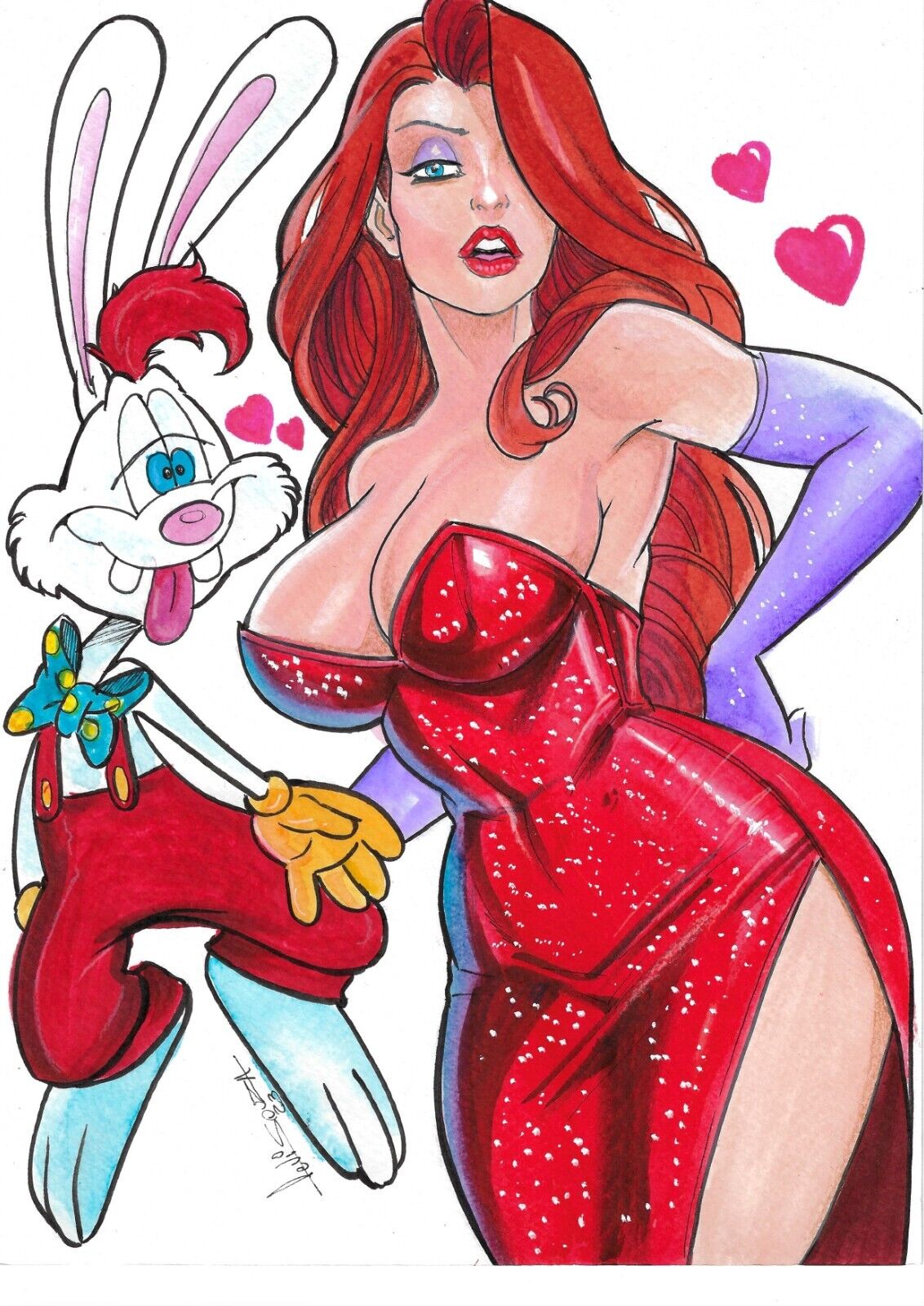 1boy 1girls anthro ed_benes_studio female highres jessica_rabbit long_hair looking_at_viewer male mature_female red_hair roger_rabbit seductive_look voluptuous voluptuous_female who_framed_roger_rabbit