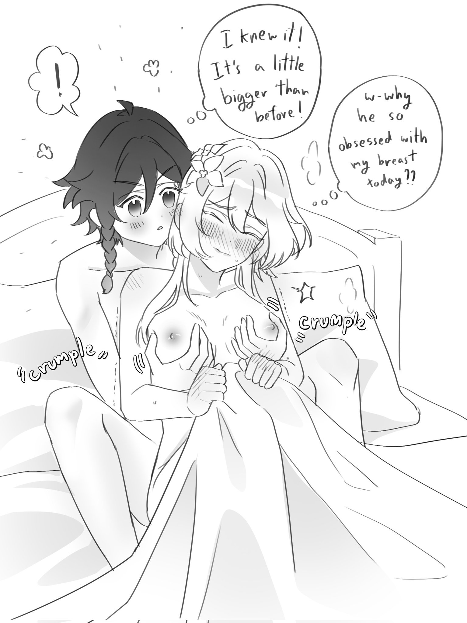 1boy, 1girls, blush, breast grab, breasts, female, femboy, femboy on female, genshin impact, hoyoverse, lumine (genshin impact), male, mihoyo, mylazysister, venti (genshin impact)