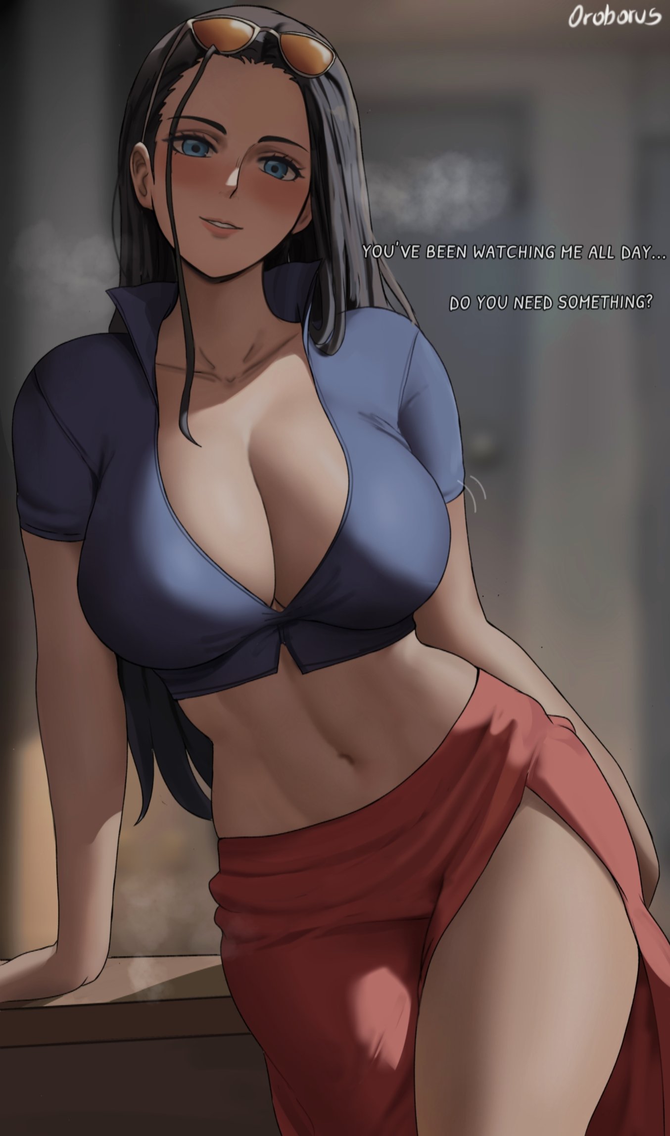 1girls black_hair blue_eyes breasts cleavage clothed dialogue english_text female female_only hi_res indoors large_breasts light-skinned_female light_skin long_hair nico_robin one_piece oroborusart post-timeskip sarong savagexthicc sunglasses text thick_thighs