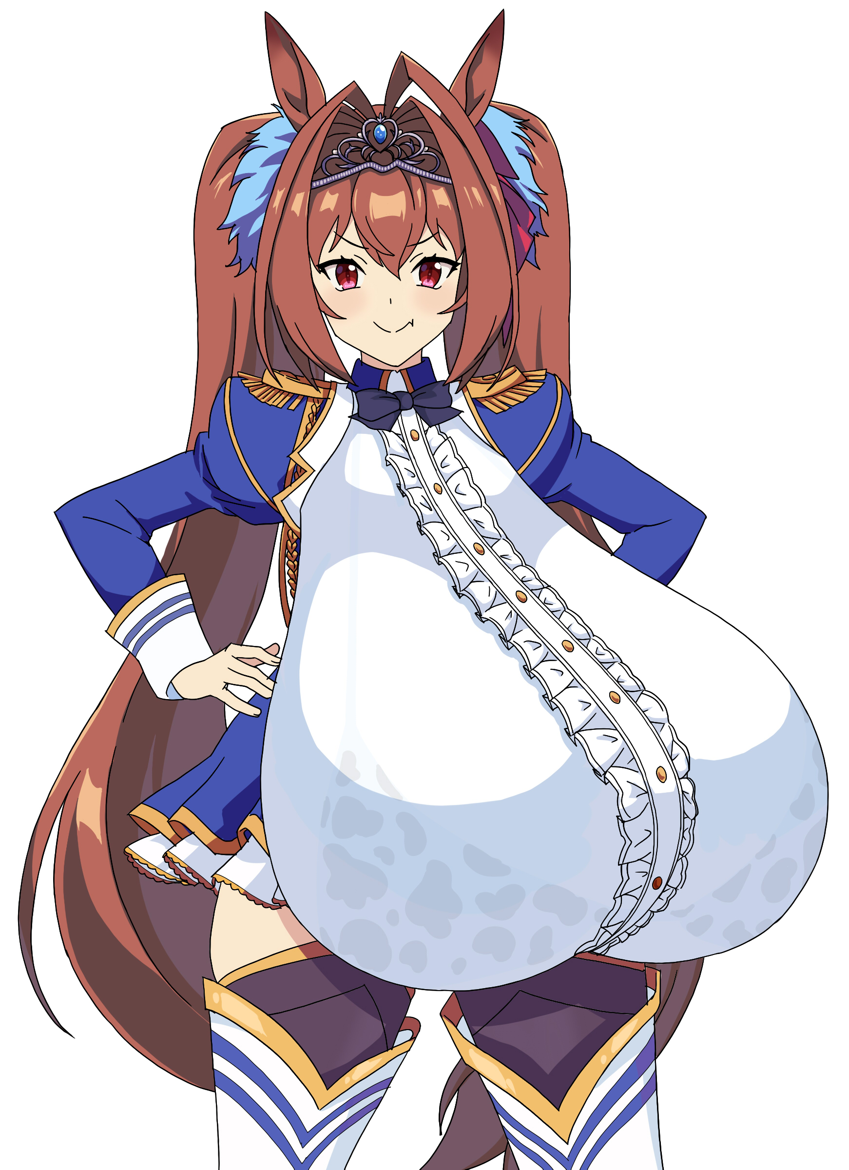 big breasts, bra visible through clothes, breasts, breasts bigger than head, breasts bigger than torso, brown hair, clothed, daiwa scarlet (umamusume), female, female only, horse ears, hyper breasts, ringosu33, smile, solo, umamusume, white background