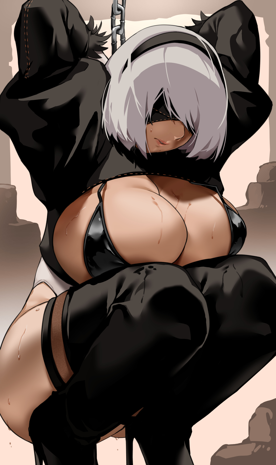 bakkanki, big breasts, blindfold, bondage, breasts, chains, clothed female, emotionless, expressionless, female, female focus, female only, nier (series), nier: automata, short hair, solo, solo female, solo focus, squatting, uncomfortable, white hair, yorha 2b