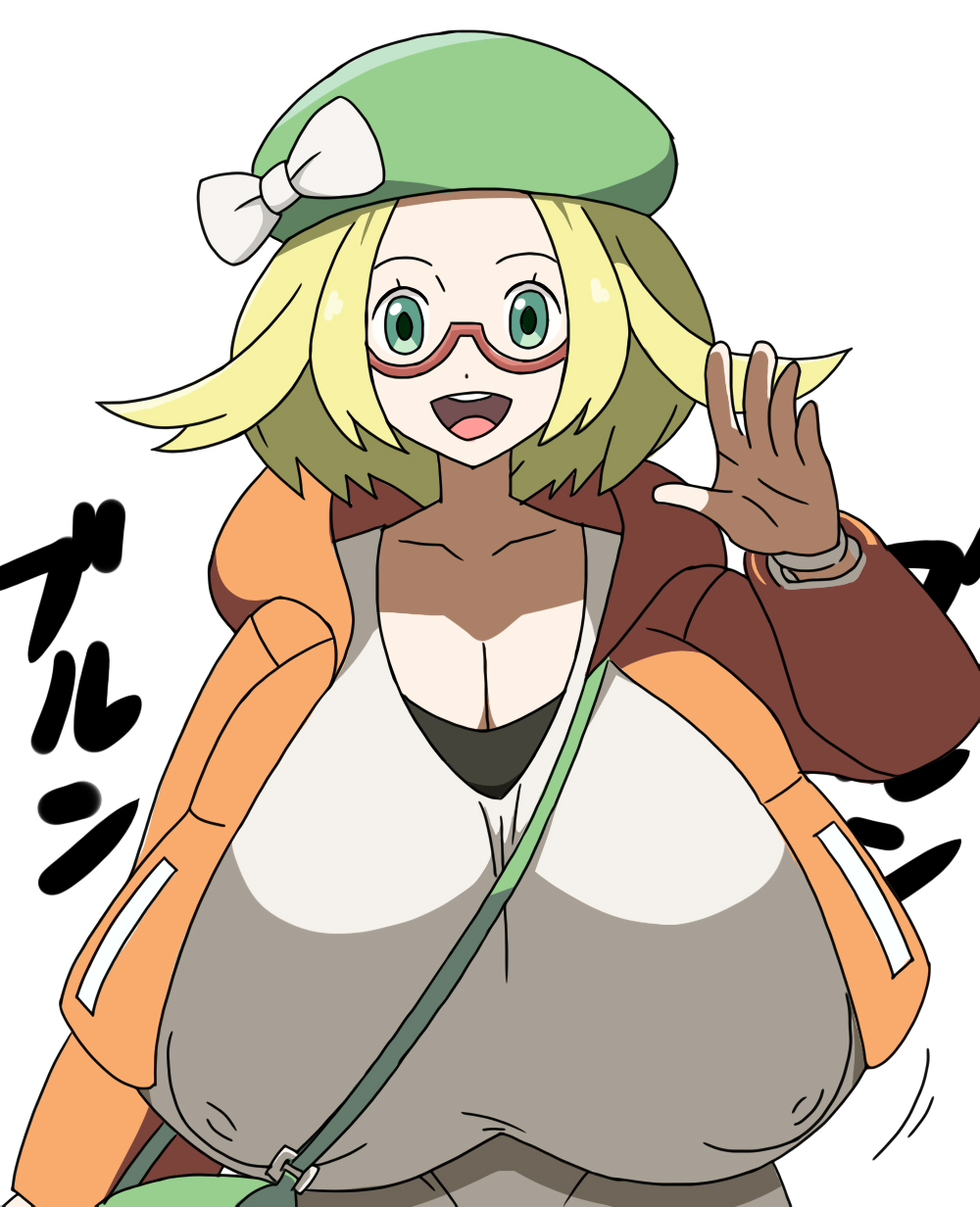 bag bianca_(pokemon) big_breasts blonde_hair breasts_bigger_than_head breasts_bigger_than_torso clothed female female_only game_freak huge_breasts nintendo nipples_visible_through_clothing pokemon pokemon_bw2 ringosu33 solo white_background