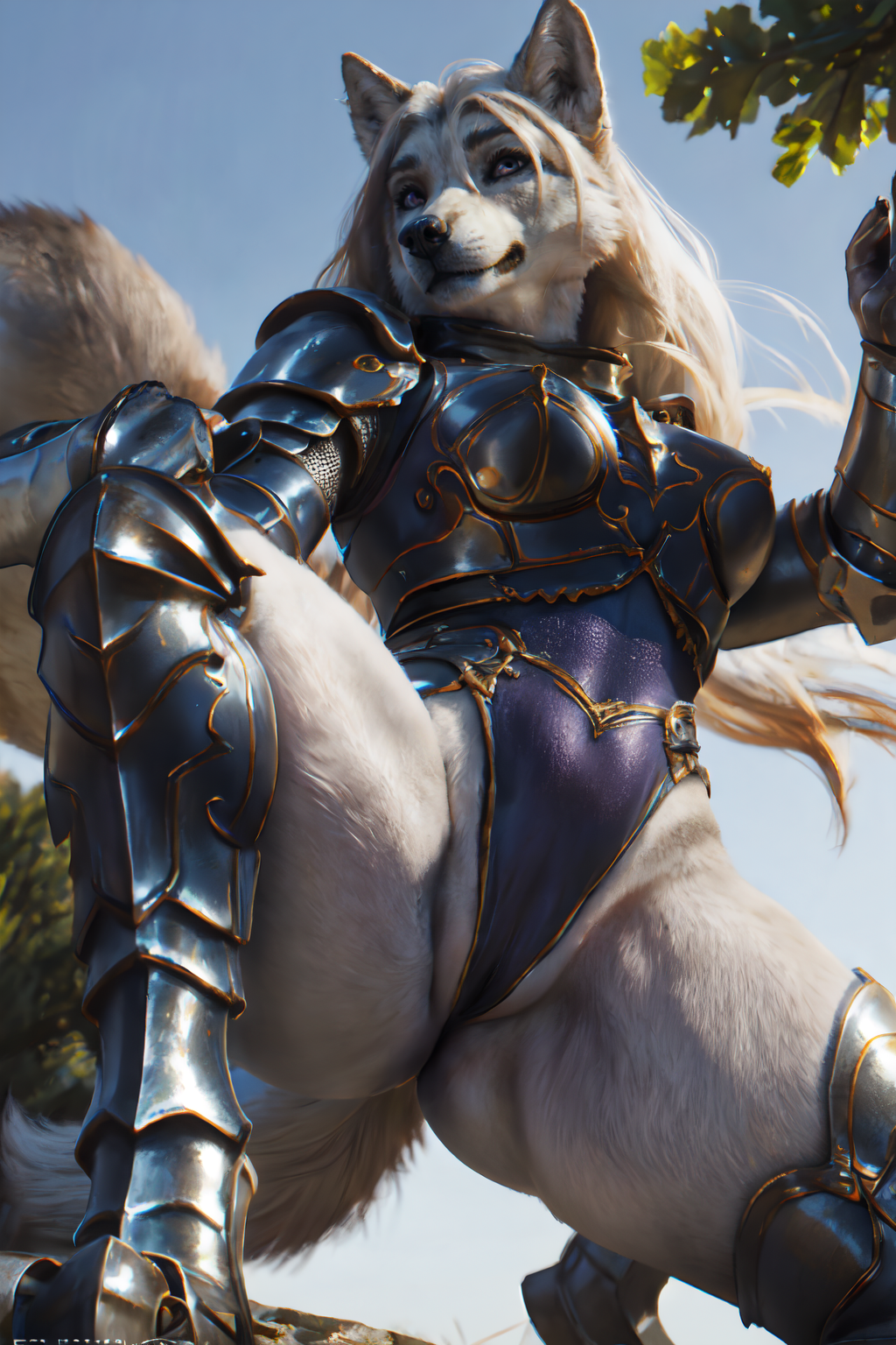 ai_generated anthro armor cameltoe imminent_facesitting knight legs_spread leotard pussy_floss pussy_wedgie rodinsinker stable_diffusion white_fur white_hair wolf