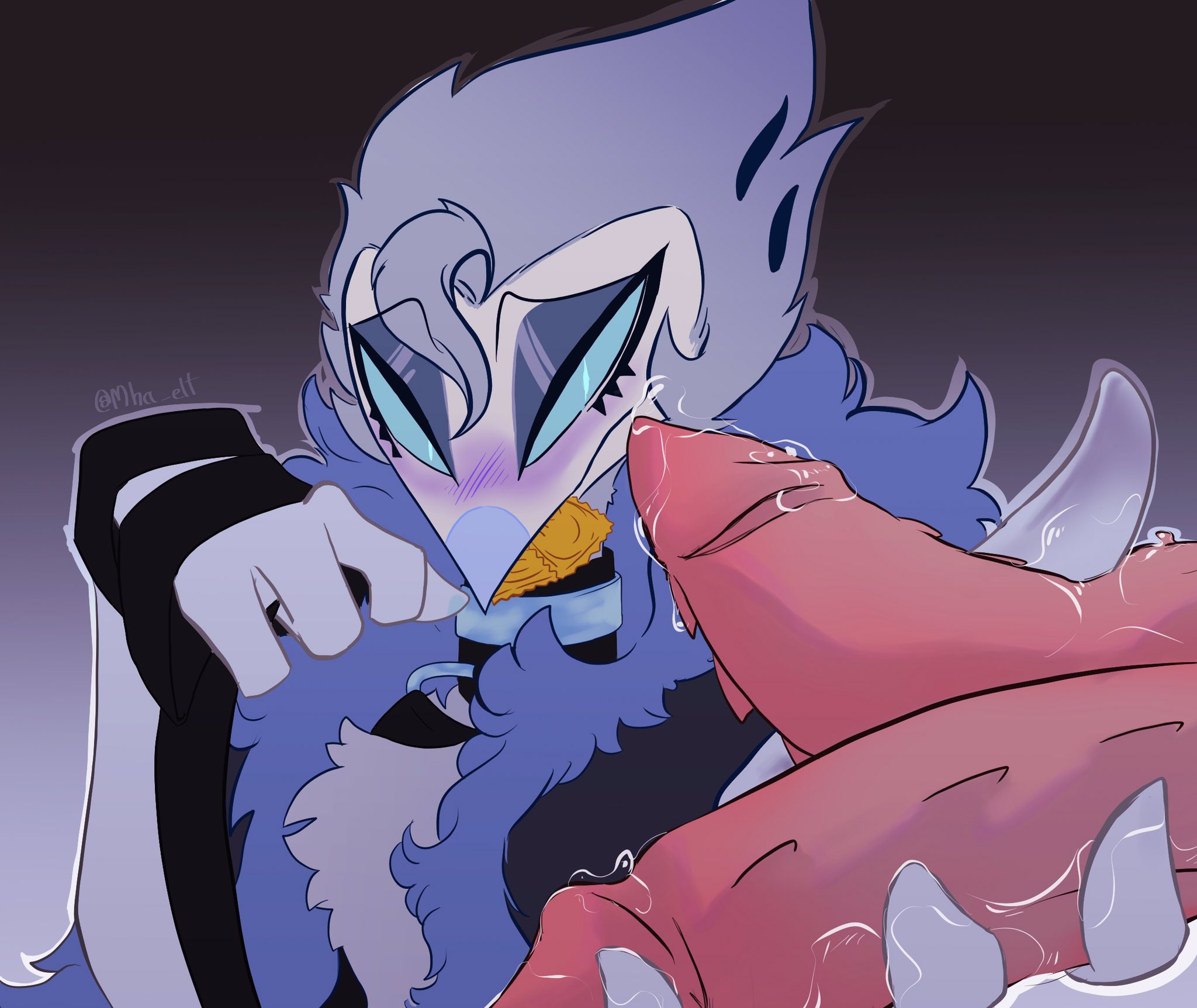 2boys, andrealphus (helluva boss), avian, bird, blush, condom, condom in mouth, demon, erection, gay, handjob, helluva boss, male, male only, male/male, mhaelt, penis, striker (helluva boss), yaoi