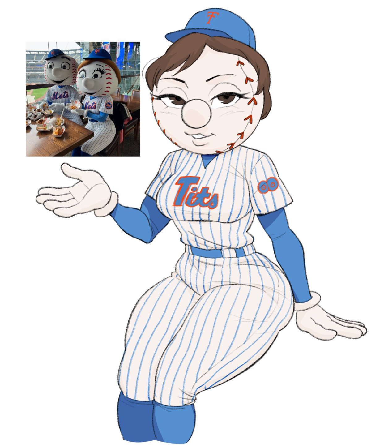 1girls, baseball cap, baseball uniform, brown hair, curvy, female, hourglass figure, mascot, mrs. met, reference image, reference inset, sitting, zigzaglewds