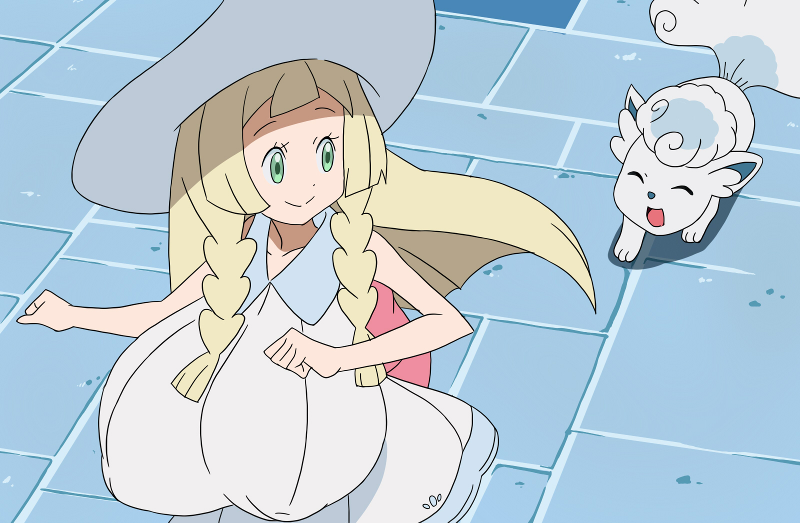 accurate art style, alolan vulpix, blonde hair, breasts, breasts bigger than head, breasts bigger than torso, casual nudity, clothed, conscious, female, female only, game freak, huge breasts, hyper breasts, inverted nipples, lillie (pokemon), nintendo, nipple bulge, nipples visible through clothing, no bra, pokemon, pokemon (species), ringosu33, screencap, screenshot, screenshot edit, solo, vulpix