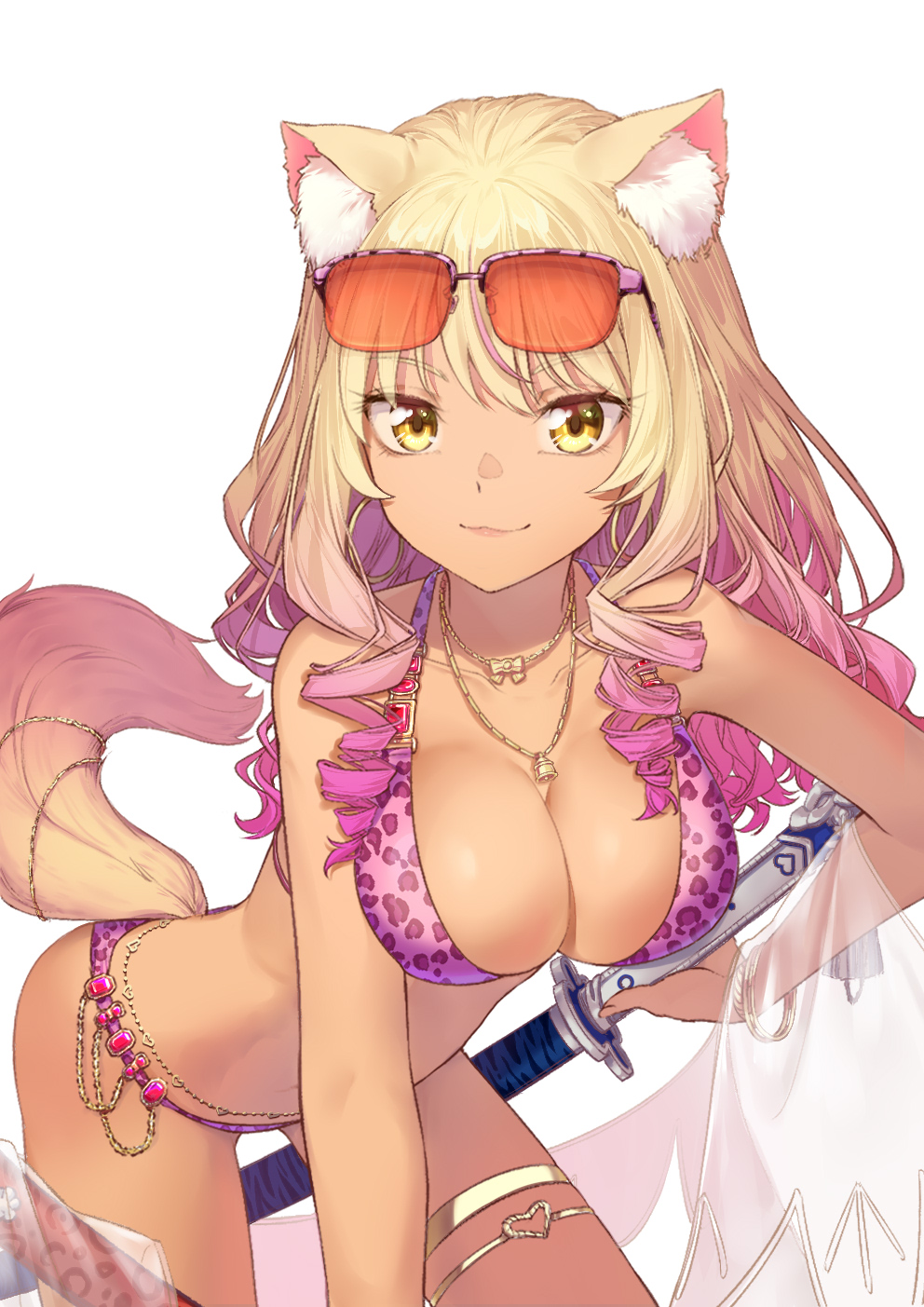 1girls bent_over big_breasts bikini blonde_hair cleavage coffeekite fate/grand_order fate_(series) female fox_ears fox_girl fox_tail glasses katana kemonomimi large_breasts long_hair smile solo suzuka_gozen_(fate) suzuka_gozen_(swimsuit_rider)_(fate) swimsuit sword tagme tan_body yellow_eyes