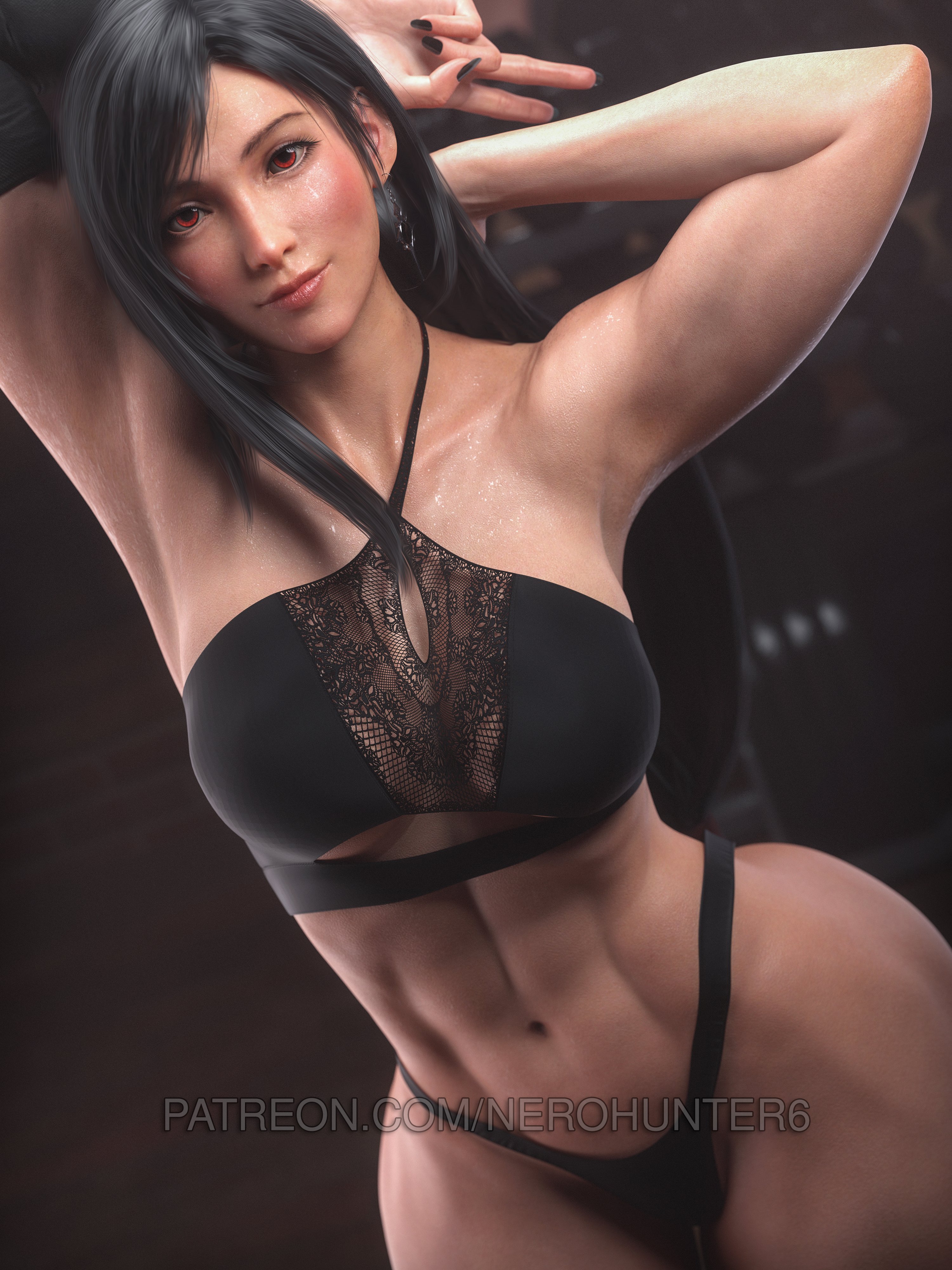 1girls, 3d, abs, absurdres, alternate version available, ass, big ass, big breasts, black hair, black nail polish, black nails, bra, breasts, female, female only, final fantasy, final fantasy vii, final fantasy vii remake, fit, fit female, hard nipples, highres, lingerie, long hair, muscular, muscular female, nail polish, nerohunter6, panties, realistic, red eyes, solo, solo female, square enix, thick thighs, tifa lockhart, toned, toned female