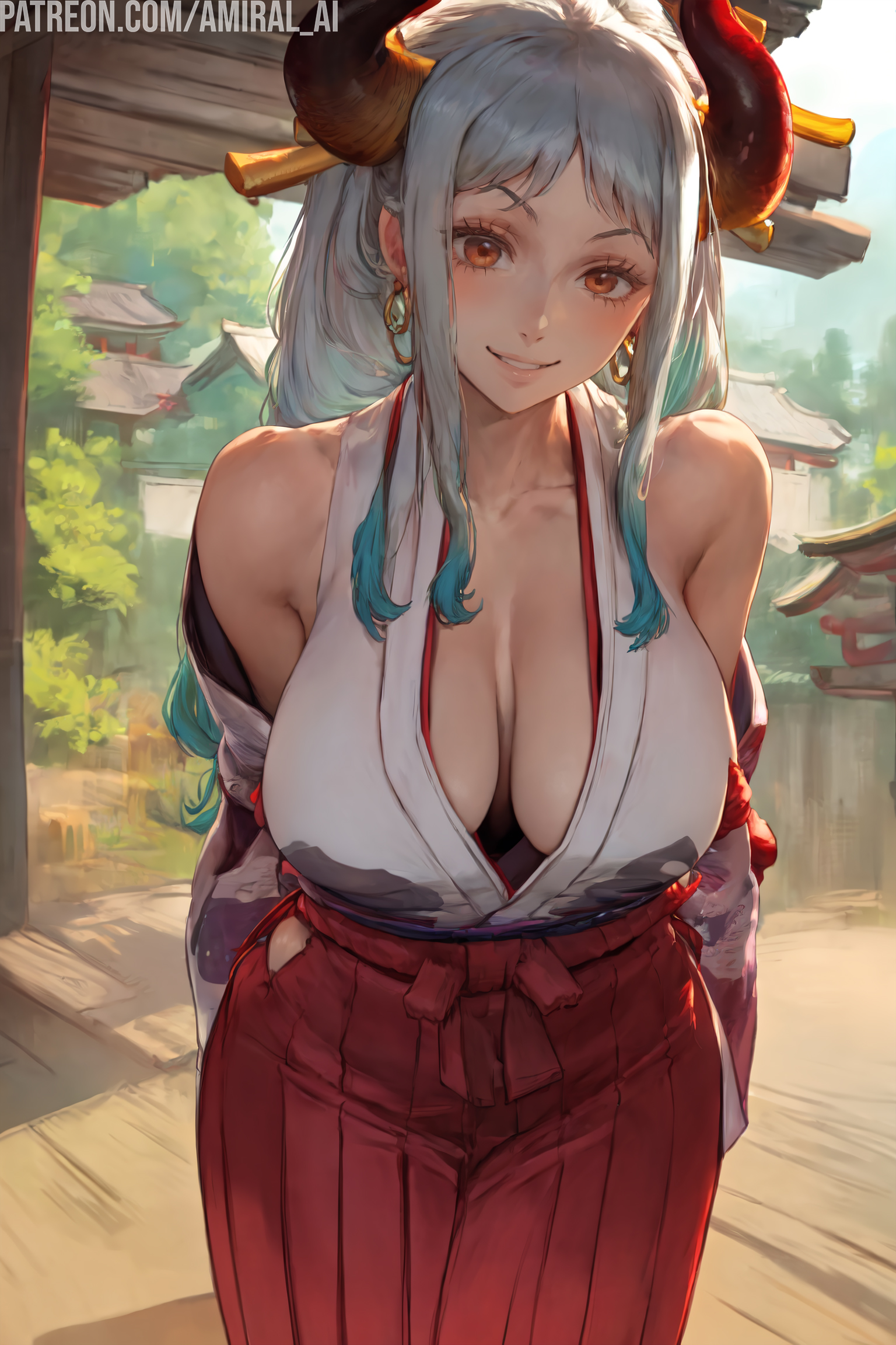 1girls, ai generated, amiral ai, breasts, cleavage, clothed, female, female only, hakama, horns, huge breasts, leaning forward, light skin, light-skinned female, long hair, looking at viewer, one piece, outdoors, smile, white hair, yamato (one piece)