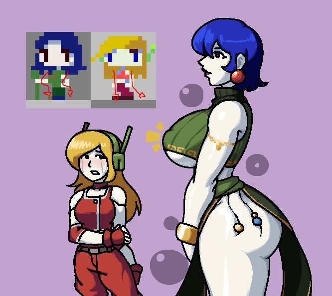 2girls ass ball_earrings bare_thighs big_ass big_breasts big_butt black_lipstick blade_strangers blonde_hair blue_hair blush cave_story curly_brace female female_only gold_bracelet jealous jealousy misery_(cave_story) pale-skinned_female plump_ass red_eyes robot_girl royalmilk20 side_view thick_ass thick_thighs thighs underboob witch