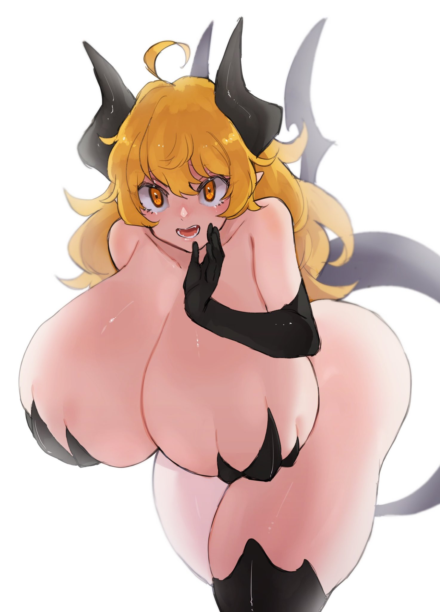 1girls armwear bare_shoulders big_breasts black_armwear black_legwear blonde_hair busty curvy curvy_female curvy_figure demon_girl demon_horns demon_tail demoness enormous_breasts female female_only horn huge_breasts large_breasts legwear nahcegalliv solo solo_female solo_focus succubus tail thick_ass voluptuous voluptuous_female yellow_eyes