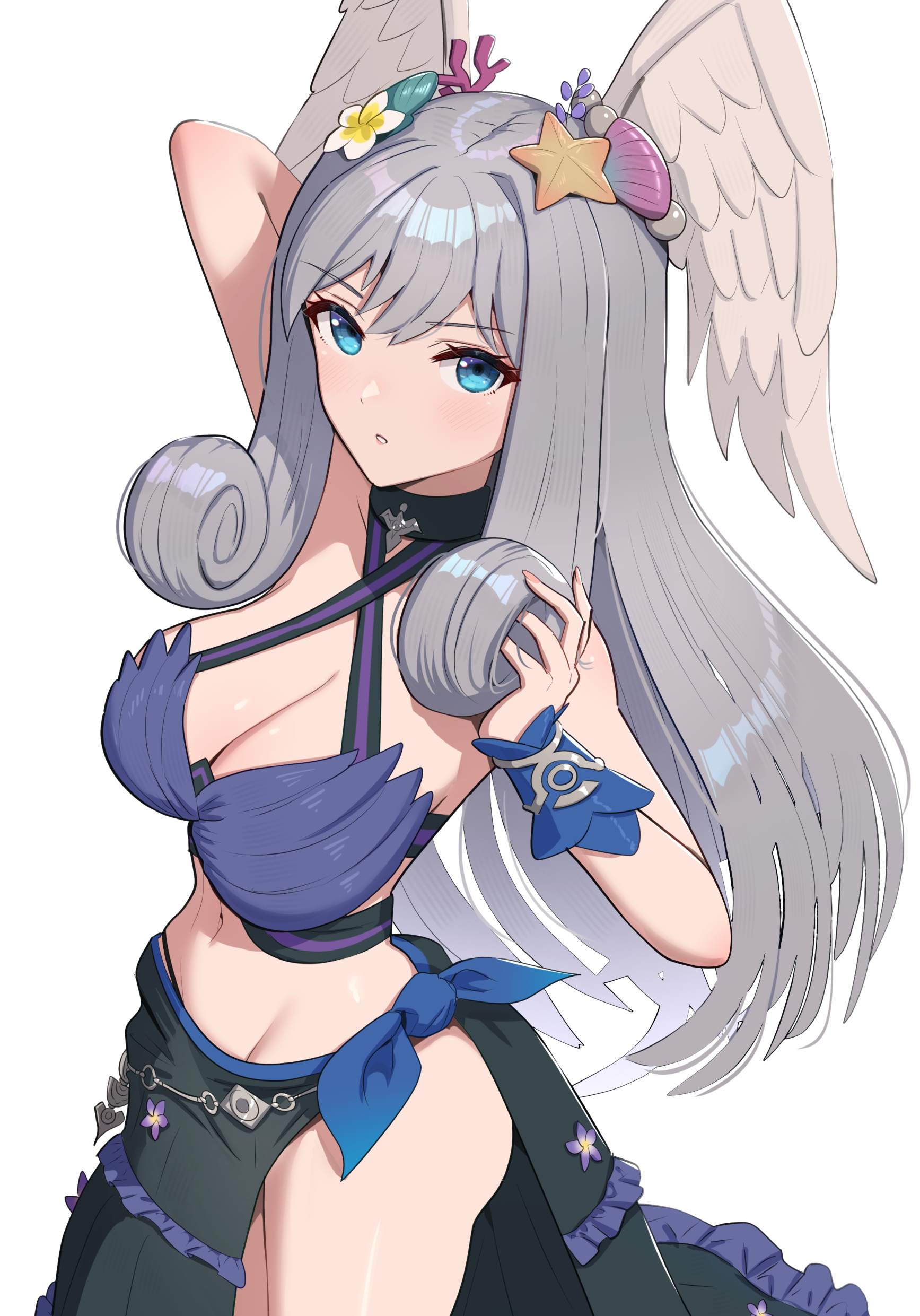 1girls, absurd res, arm up, bare shoulders, bikini, black dress, blue bikini, blue eyes, blue swimsuit, bracelet, breasts, busty, choker, cleavage, curvy, dress, dress swimsuit, female, female only, gonzarez, hand in hair, highres, hourglass figure, large breasts, long hair, looking at viewer, melia antiqua, midriff, monolith soft, navel, nintendo, queen, royalty, shell bikini, silver hair, slim waist, stretching, swimsuit, thick thighs, thighs, very long hair, wide hips, wings, xenoblade (series), xenoblade chronicles 3