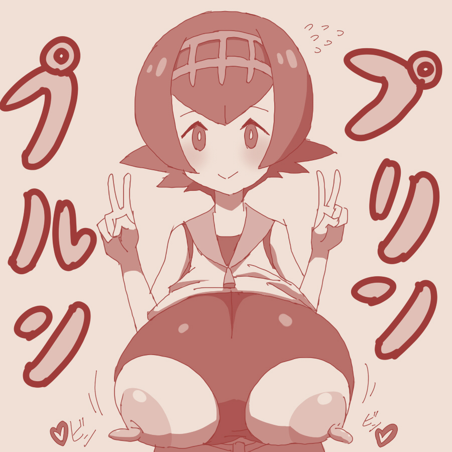 big breasts, big nipples, breasts, breasts bigger than torso, clothed, double v, female, female only, game freak, gigantic breasts, huge breasts, lana (pokemon), monochrome, nintendo, nipple cutout, pokemon, pokemon sm, red theme, ringosu33, solo, v