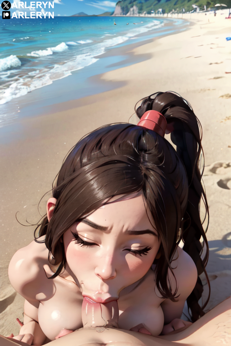 1boy, 1girls, ai generated, arleryn, avatar legends, avatar the last airbender, beach, blowjob, brown hair, closed eyes, female, fire nation, male, stable diffusion, ty lee