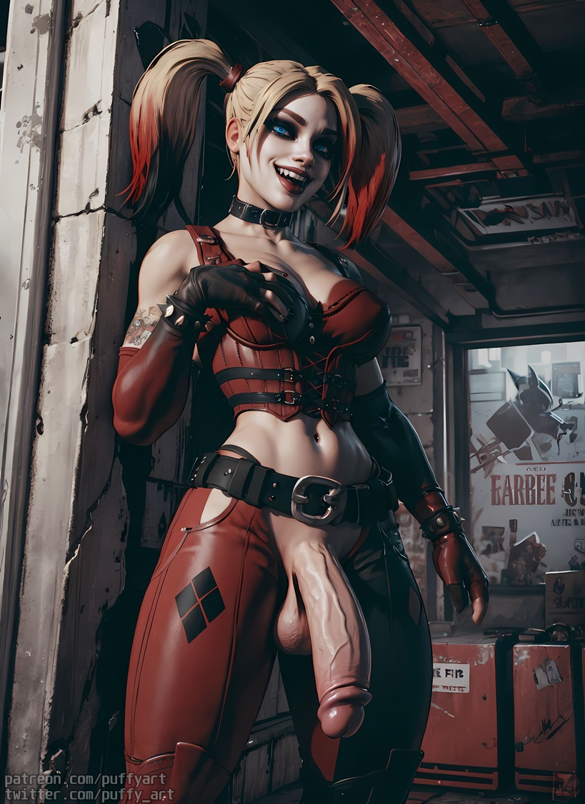 1futa, ai generated, batman (series), batman: arkham city, belt, big penis, blonde hair, blue eyes, choker, collar, dc, dc comics, dickgirl, fangs, futa only, futanari, harley quinn, huge cock, intersex, latex, leather, leather clothing, light skin, light-skinned futa, makeup, multicolored hair, penis, puffyart, red hair, smirk, solo, solo futa, teeth, twintails