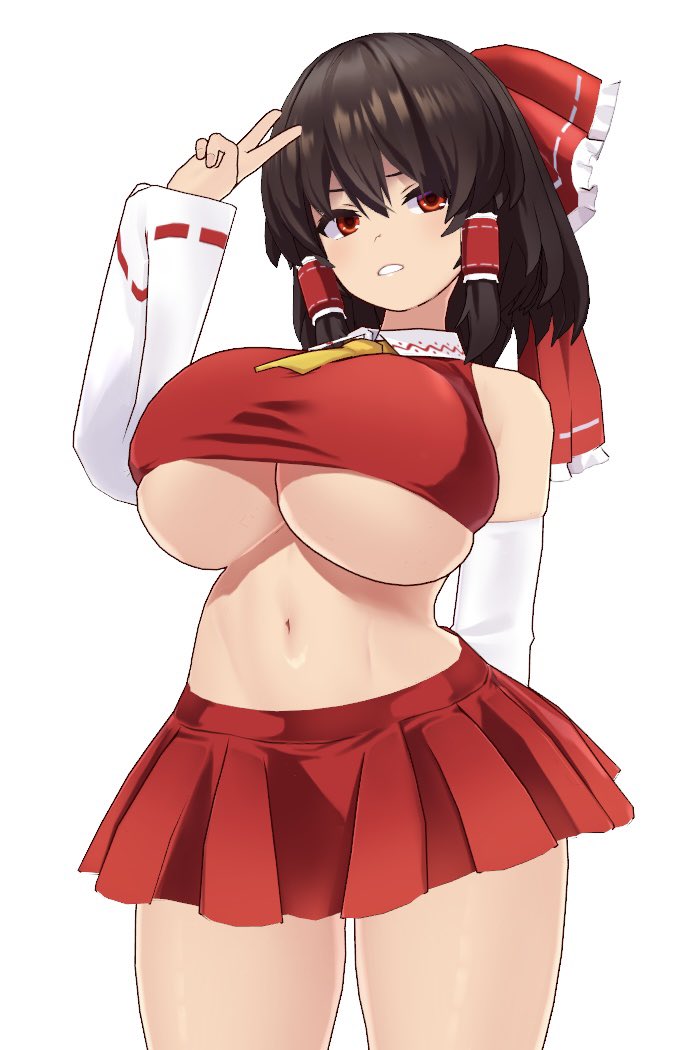 1girls 3d 3d_(artwork) arm_behind_back belly belly_button big_breasts busty dekapaiyukari female female_only large_breasts legs midriff miko mikumikudance navel parted_lips pose posing red_eyes reimu_hakurei sensual skirt thick_thighs thighs touhou underboob v voluptuous