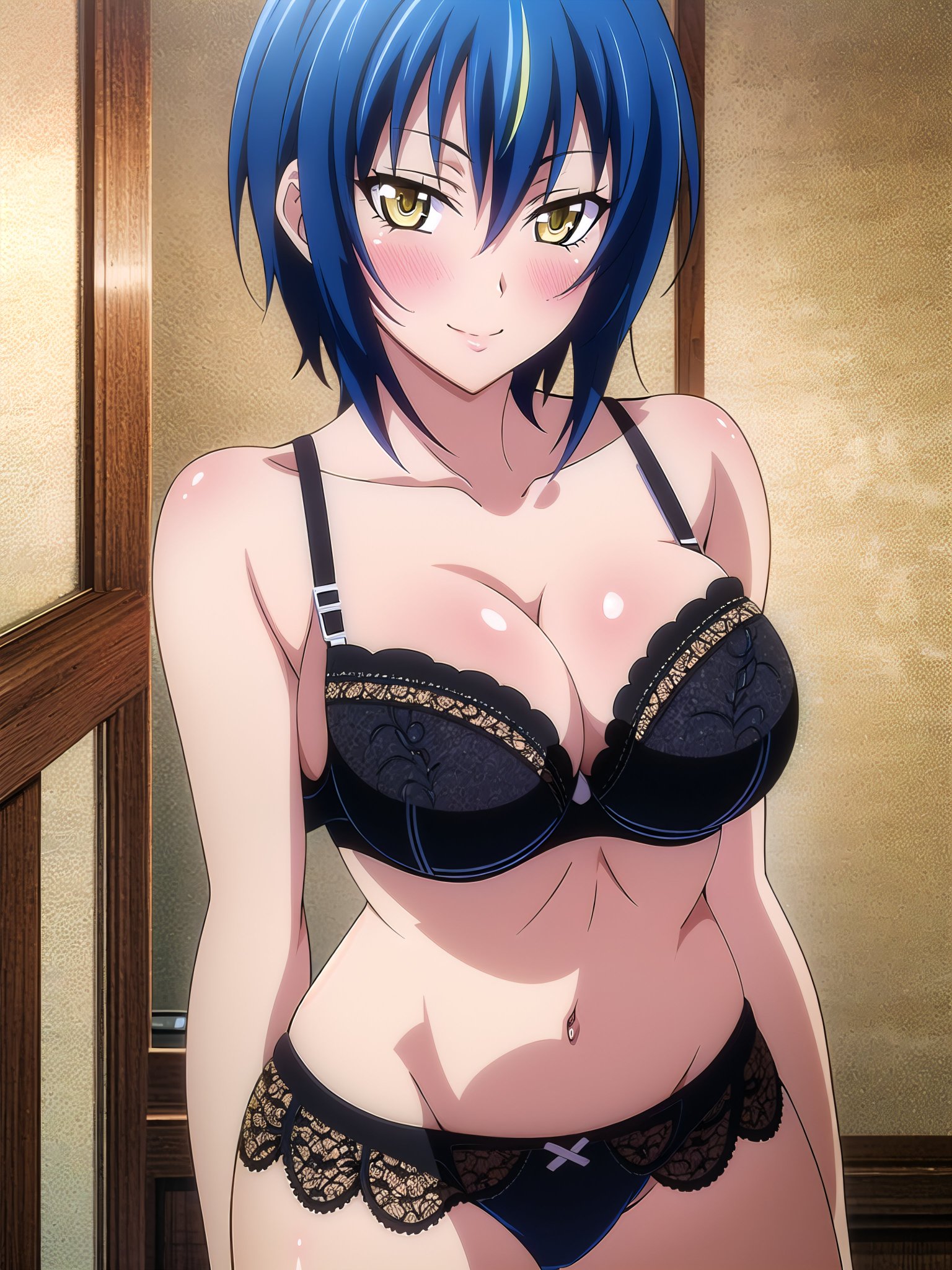 1girls, ai generated, big breasts, black bra, black panties, blue hair, blush, bra, breasts, busty, cleavage, female, female only, high school dxd, large breasts, legs, looking at viewer, navel, panties, seductive, seductive smile, sensual, smile, solo, stable diffusion, thighs, voluptuous, xenovia quarta, yellow eyes