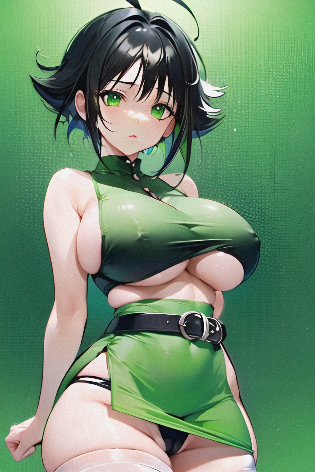 1girls, 2023, ai generated, areolae, black hair, black panties, blush, breasts, buttercup (powerpuff girls), cartoon network, clothing, female, female only, green background, green clothing, green eyes, huge breasts, legwear, panties, piercing, powerpuff girls, thick thighs, thigh socks, thighhighs