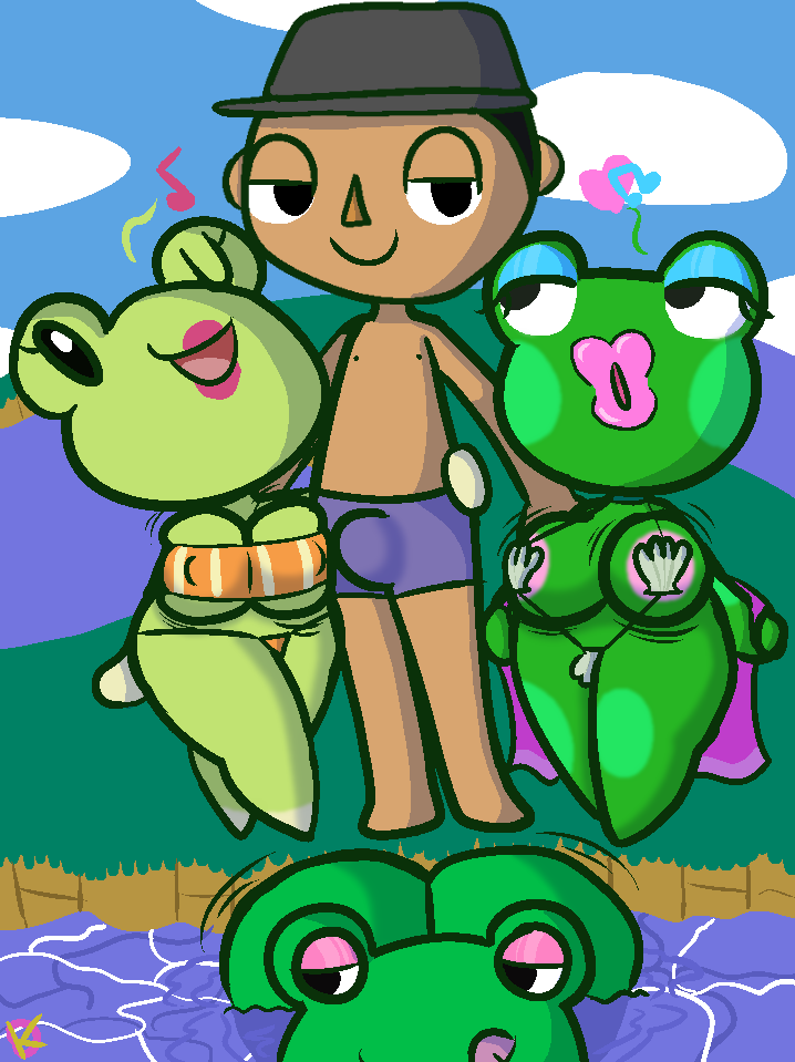 animal_crossing areola_slip bedroom_eyes big_ass bulge emerald_(animal_crossing) jambette_(animal_crossing) klutzatdusk looking_at_viewer male seductive shell_bikini shortstack size_difference skimpy sunny_(animal_crossing) thick_lips tubetop villager_(animal_crossing) visible_areolae wide_hips wink