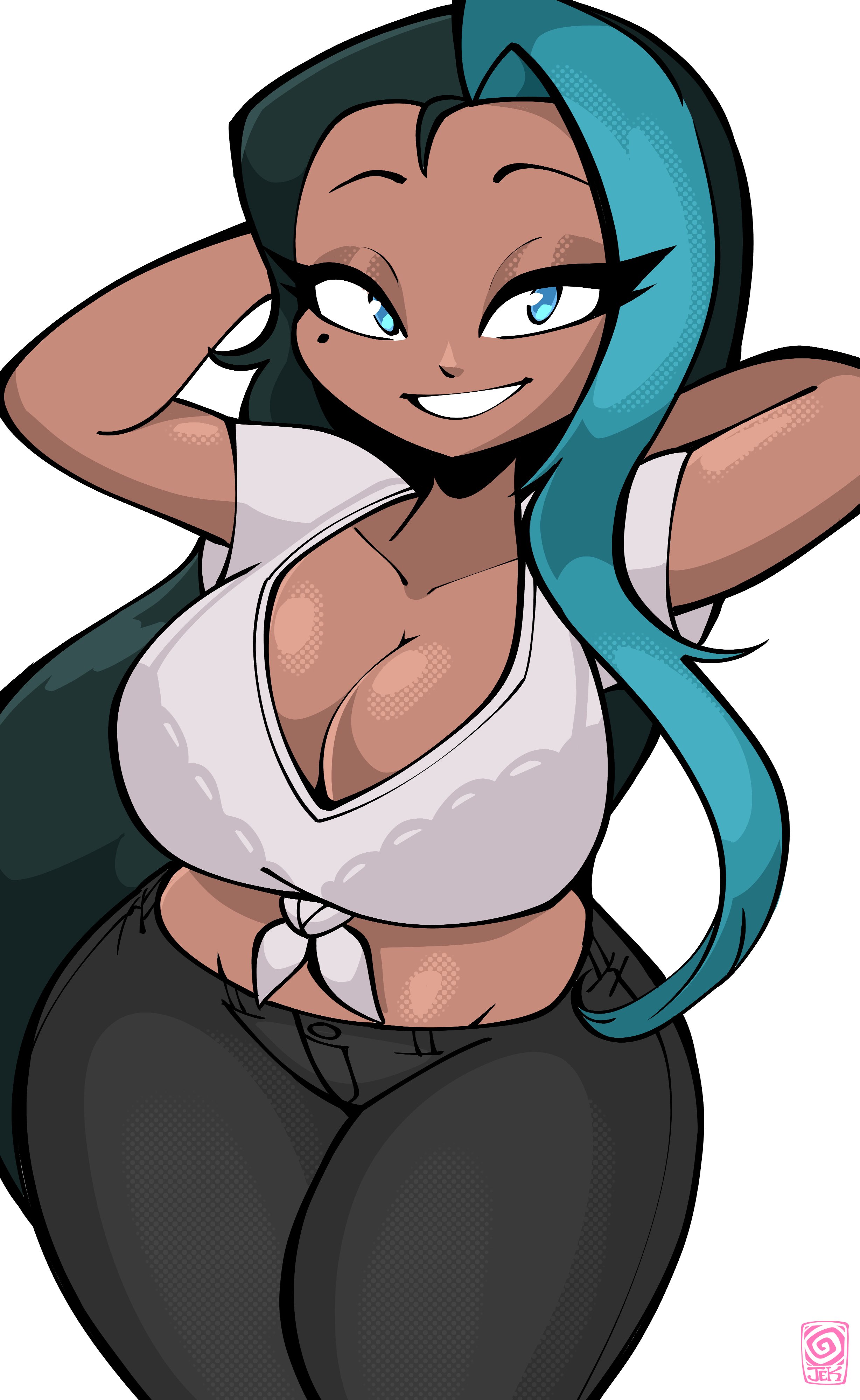 breasts, dark skin, dark-skinned female, female, jeans, jek korpen, tagme, tagme (character), thighs