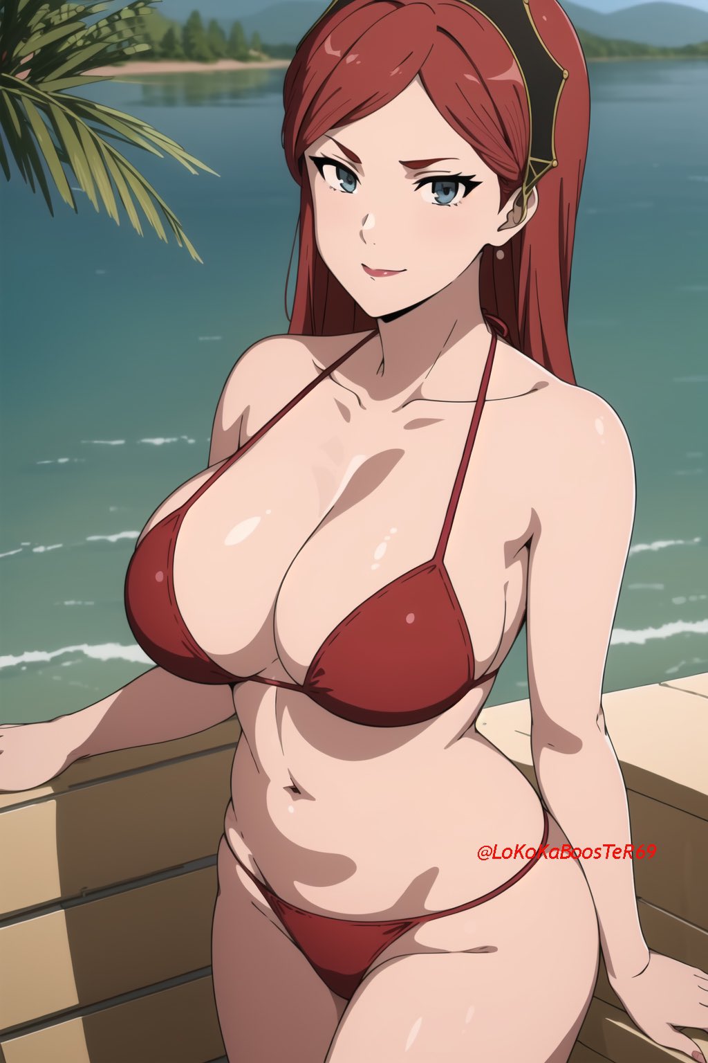 1girls, ai generated, big breasts, bikini, breasts, busty, cleavage, female, female only, hilda boreas greyrat, large breasts, long hair, looking at viewer, mature, mature female, mushoku tensei, navel, red bikini, red hair, smile, solo
