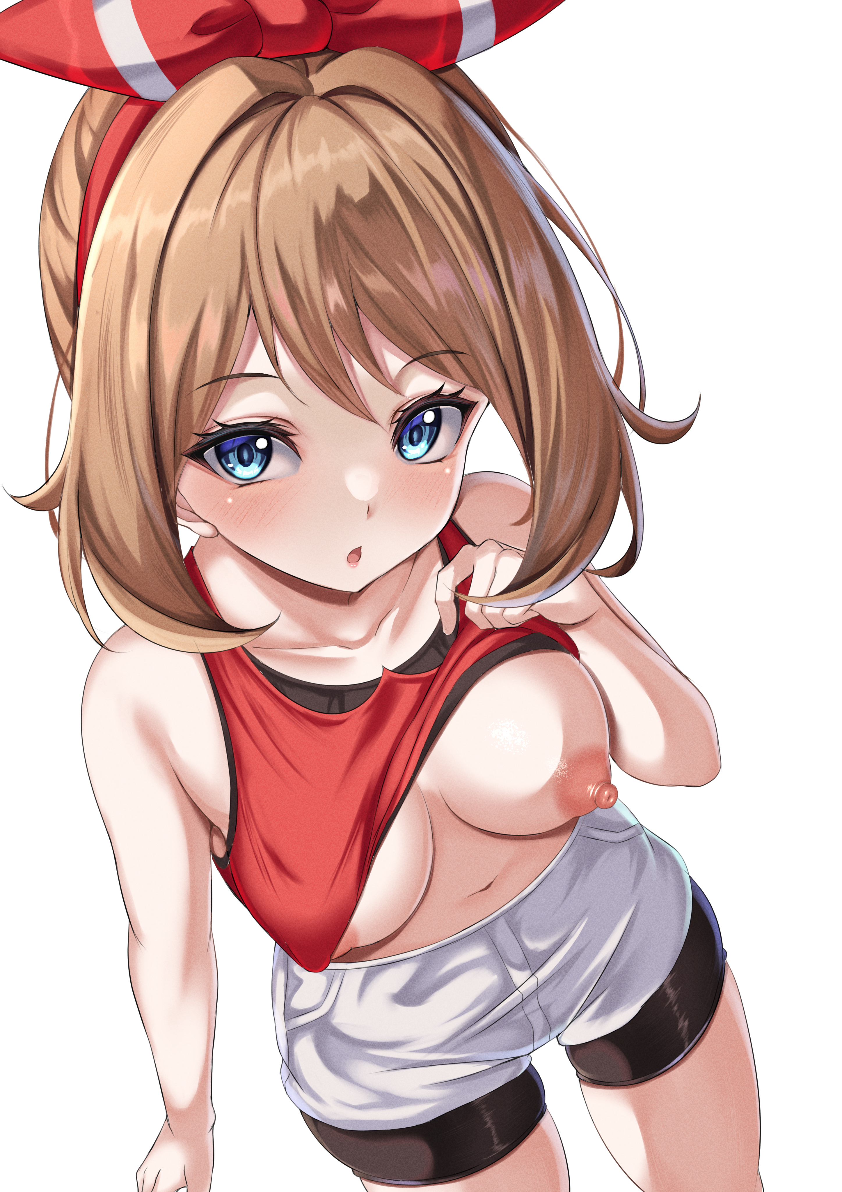 1girls, alternate breast size, big breasts, blue eyes, breasts, brown hair, female, horny, light skin, light-skinned female, may (pokemon), medium hair, nipples, one breast out, parapetto, pokemon, pokemon oras, thighs